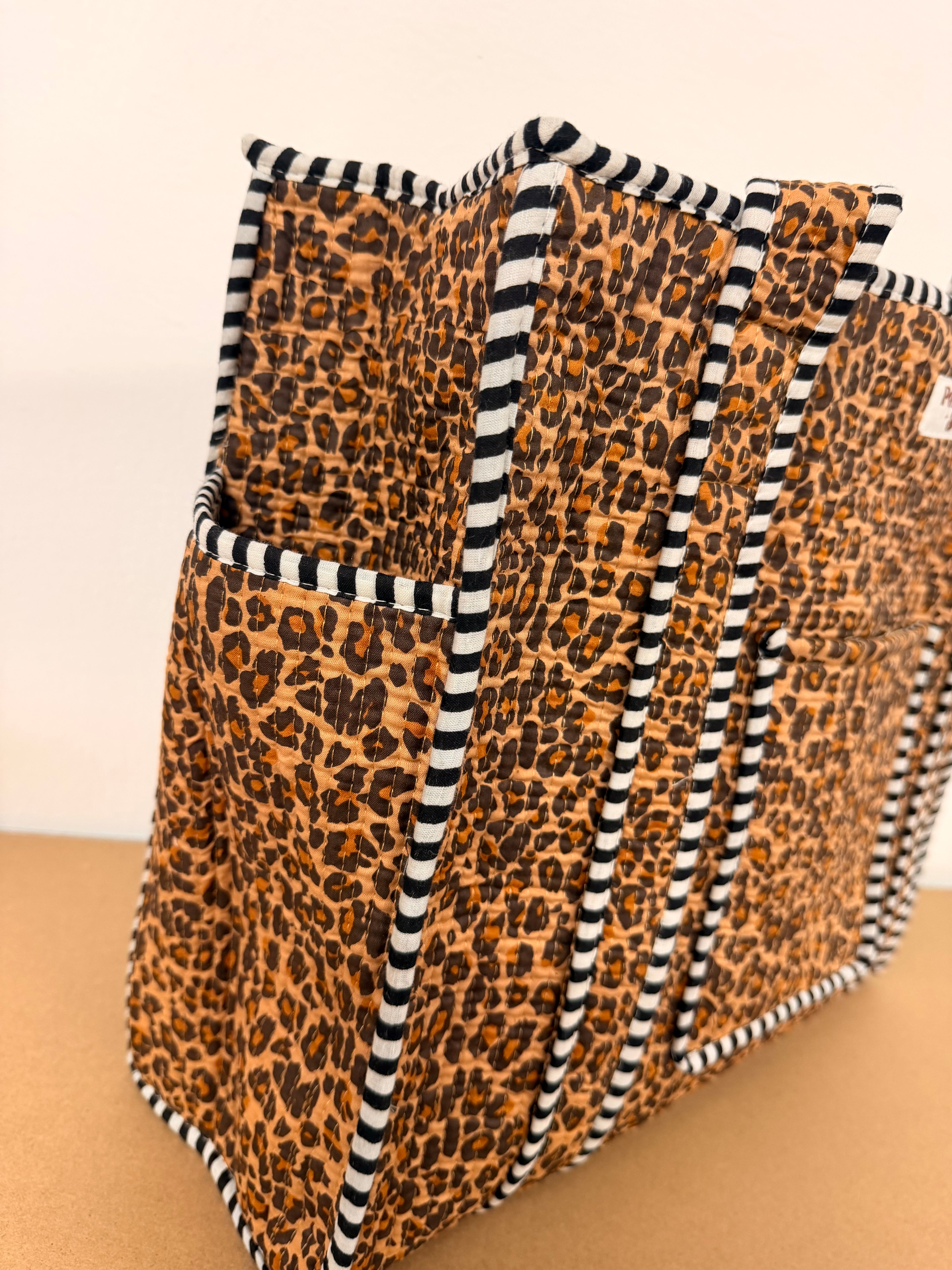 Dark Leopard Print Travel Tote, Handmade Cotton Tote Bag