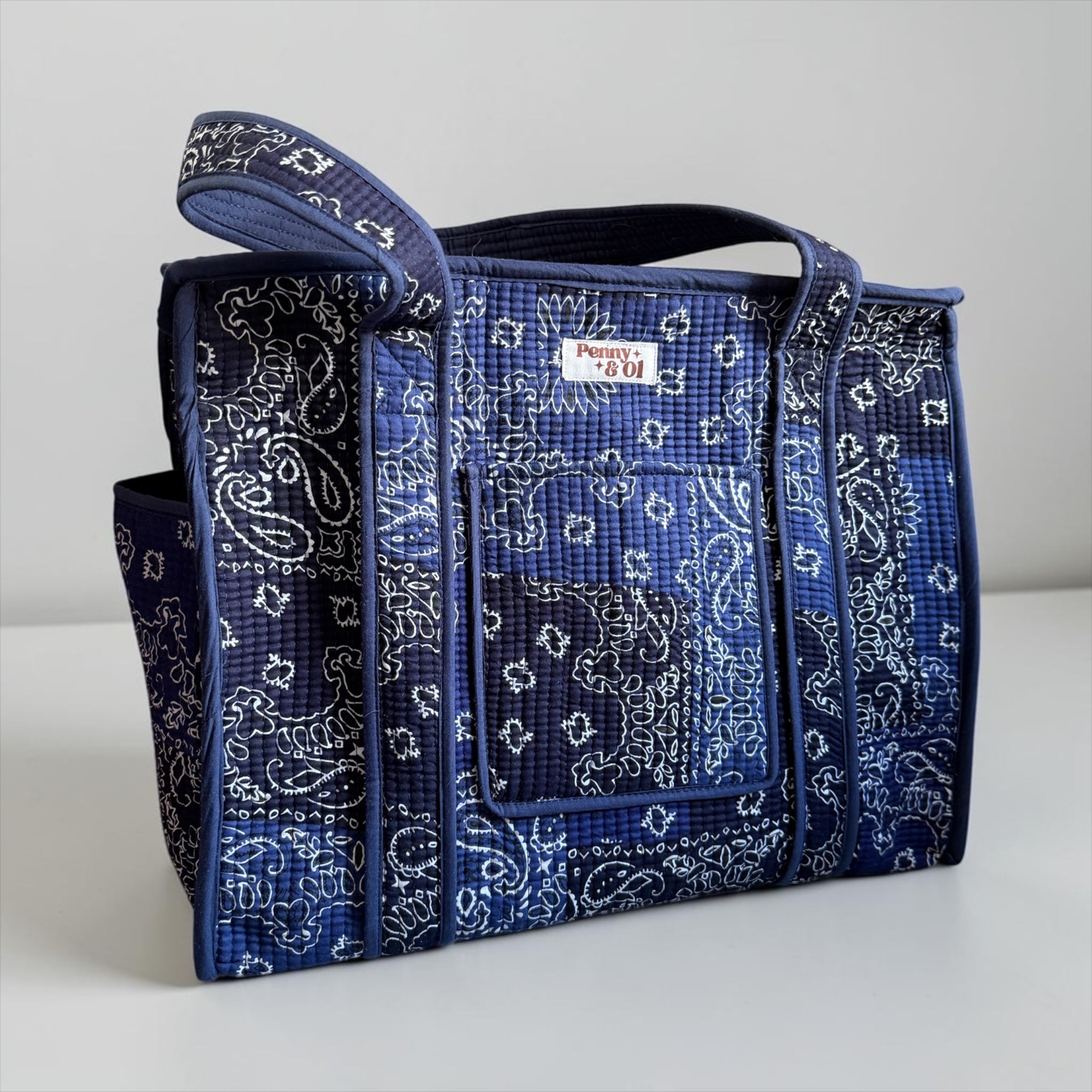 Navy Paisley Bandana Travel Tote, Handmade Cotton Tote Bag