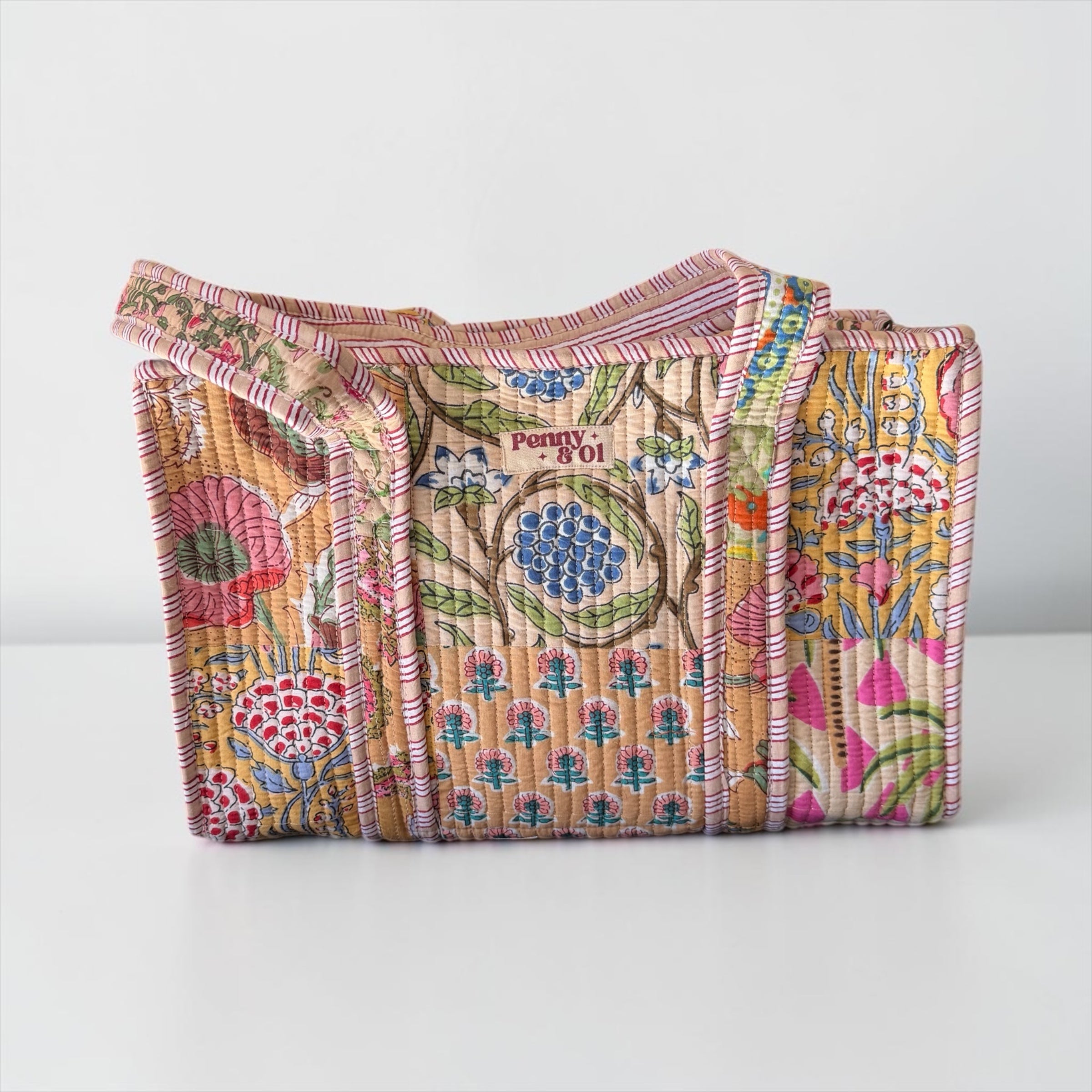 Beige Patchwork Medium Cotton, handmade tote bag