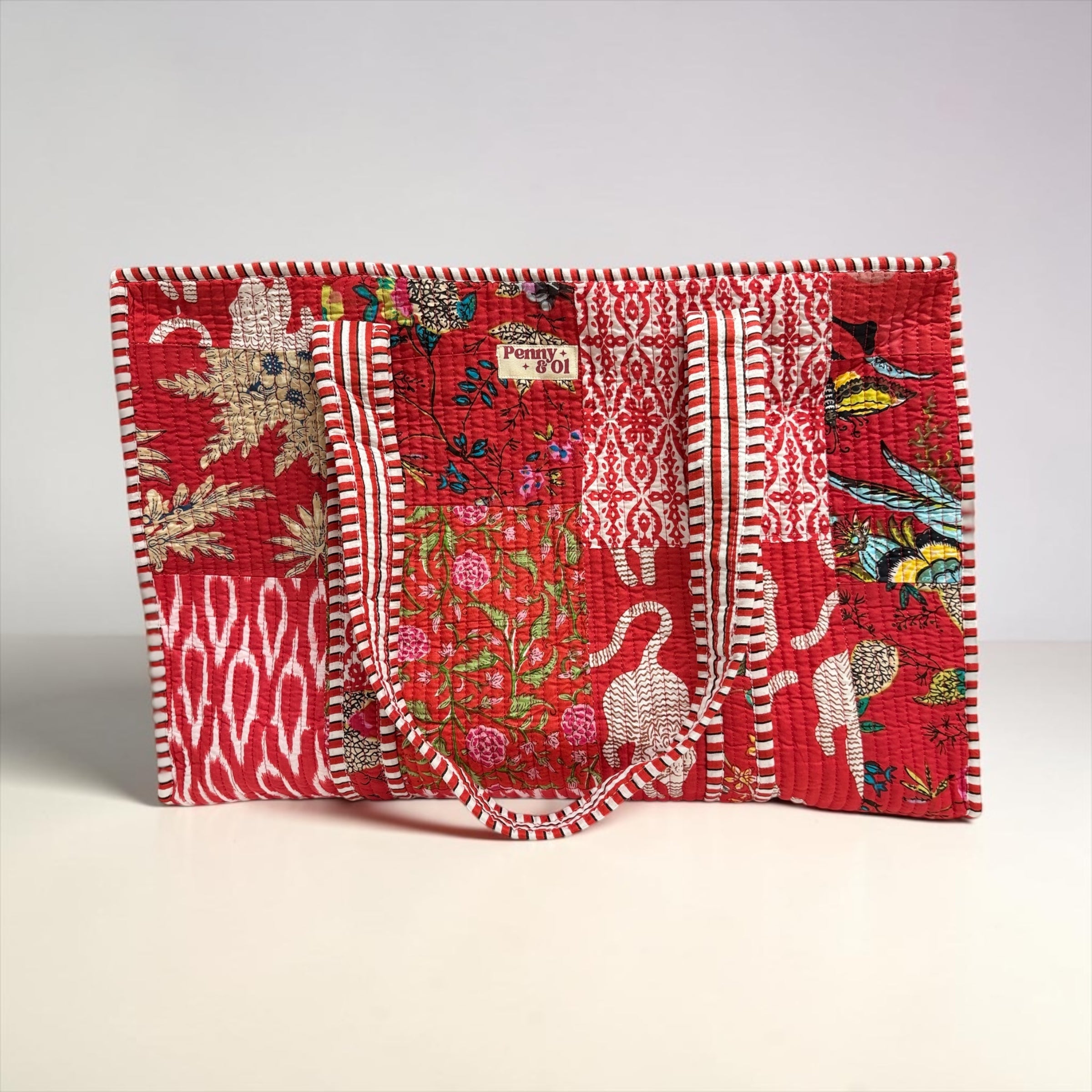 Red Patchwork LARGE Cotton Tote Bag