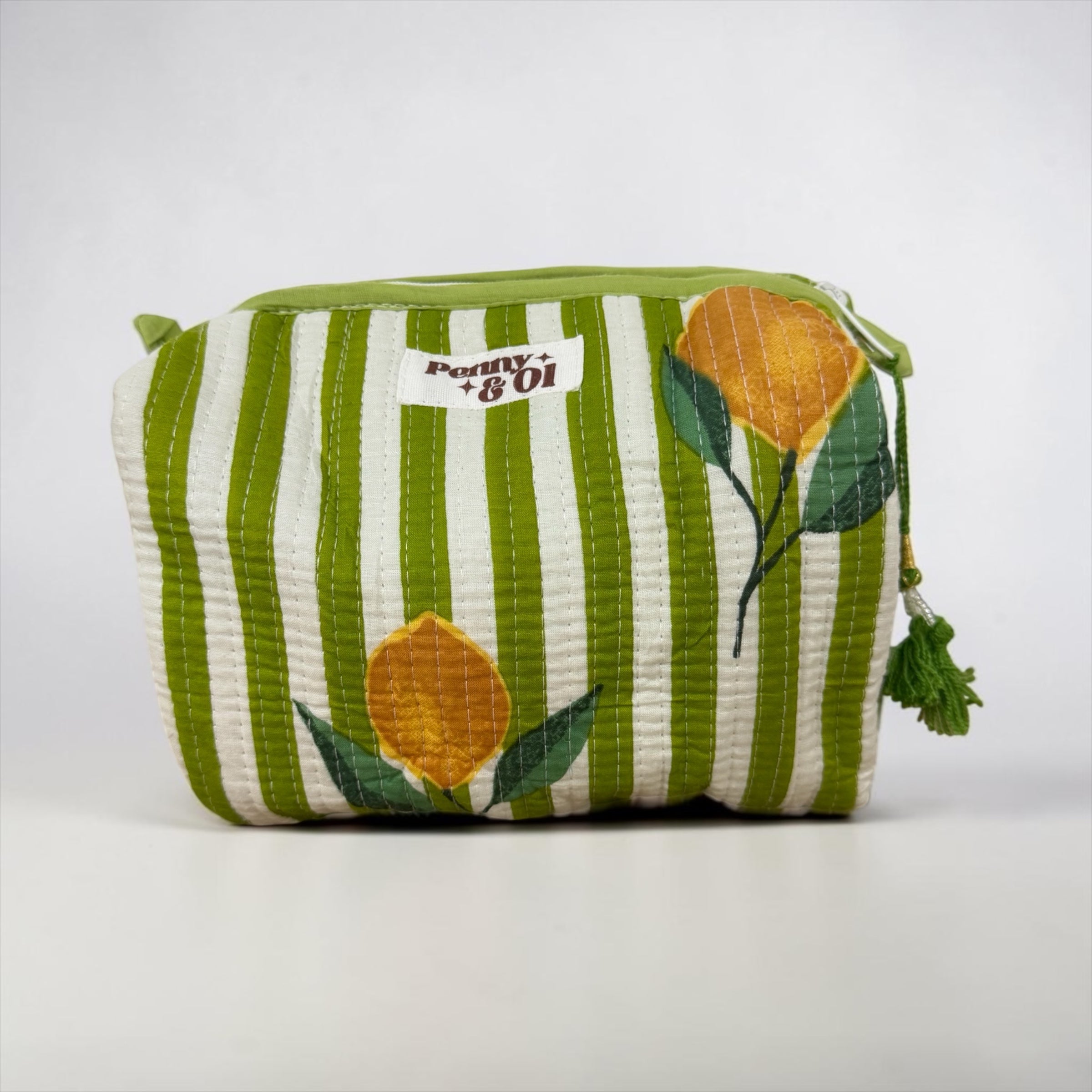 Green Stripe Lemons MEDIUM Waterproof Pouch, Zip Pouch