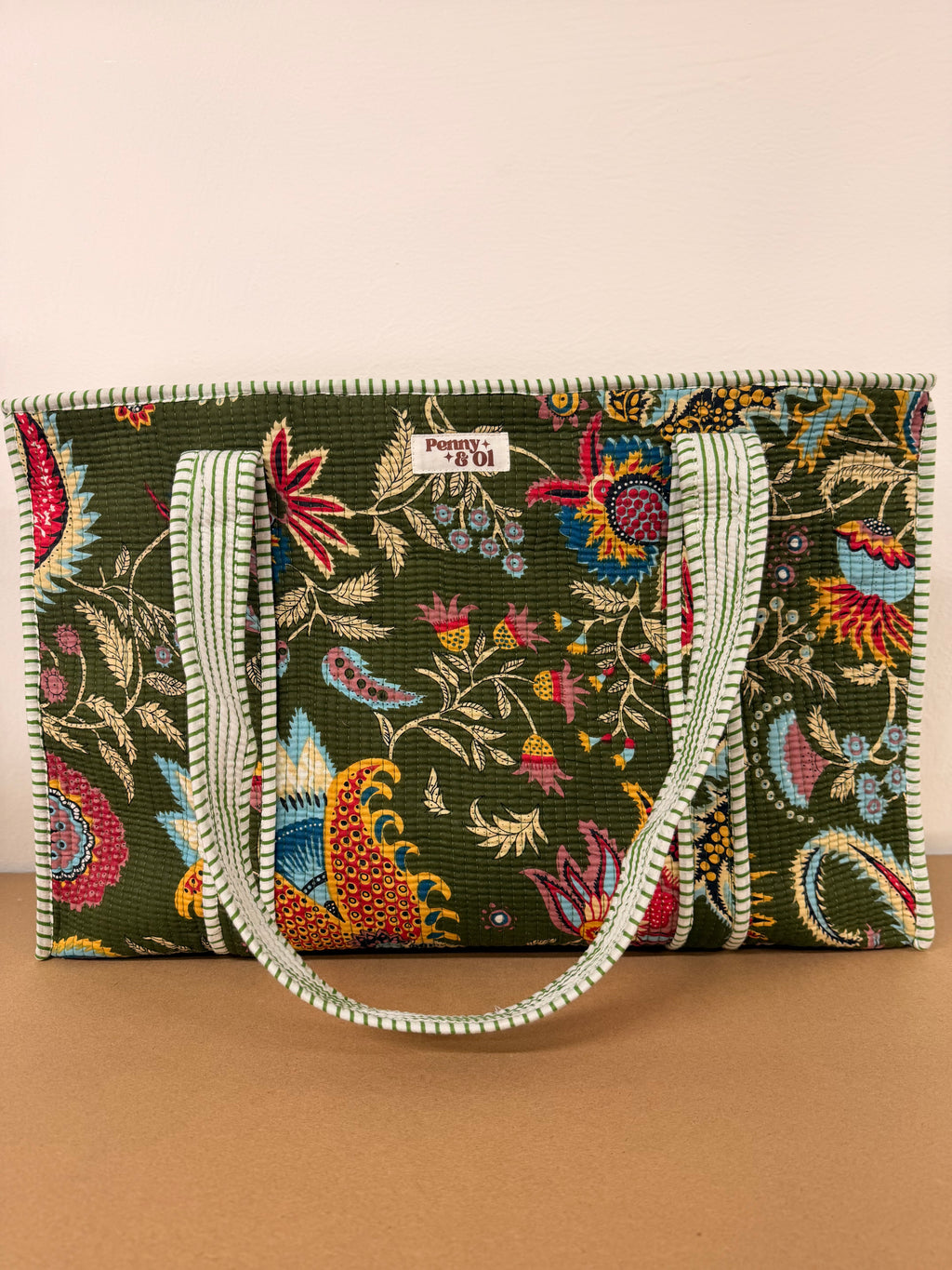 Khaki Floral Large Cotton Tote Bag, handmade tote bags