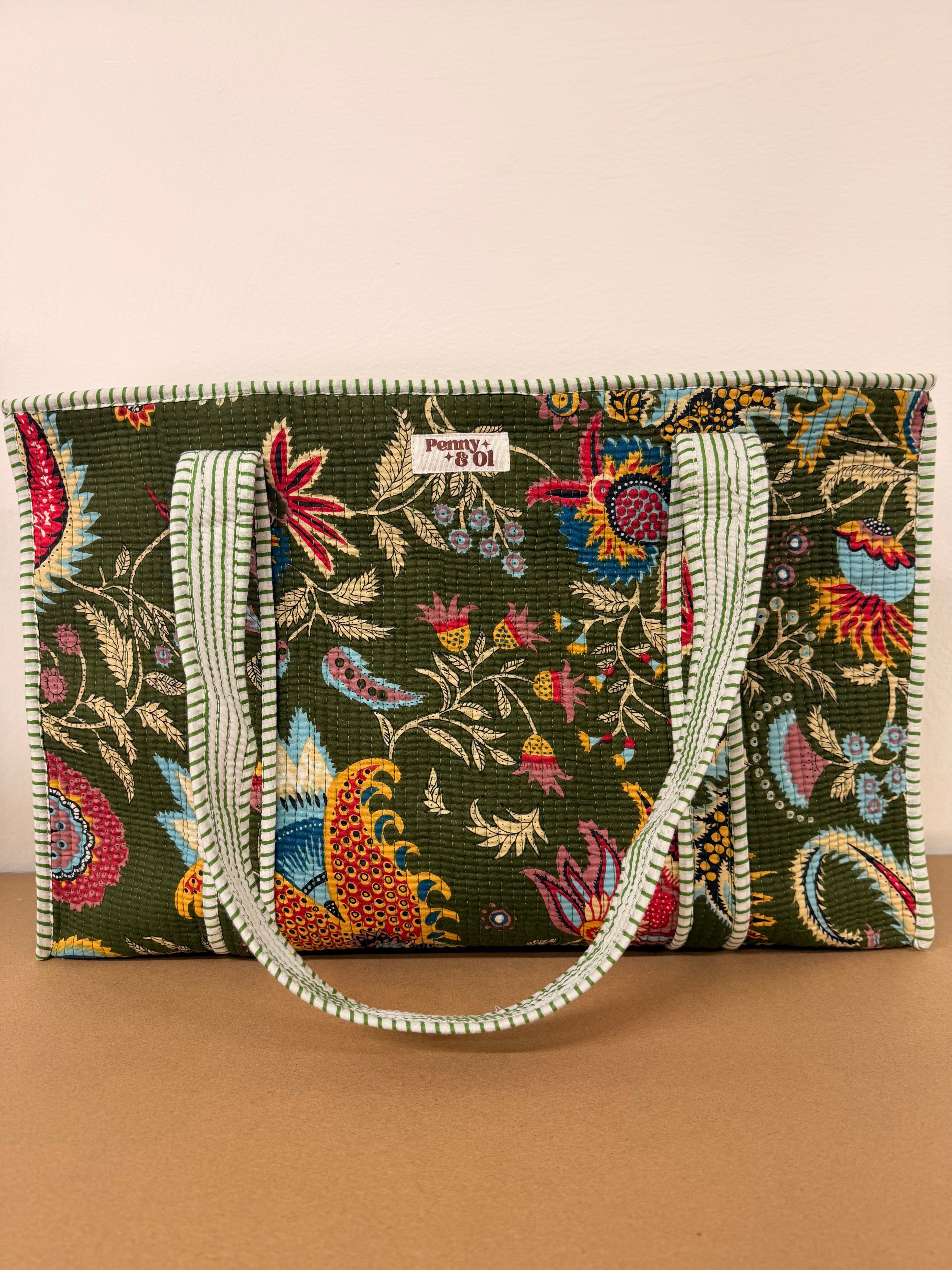 Khaki Floral Large Cotton Tote Bag, handmade tote bags