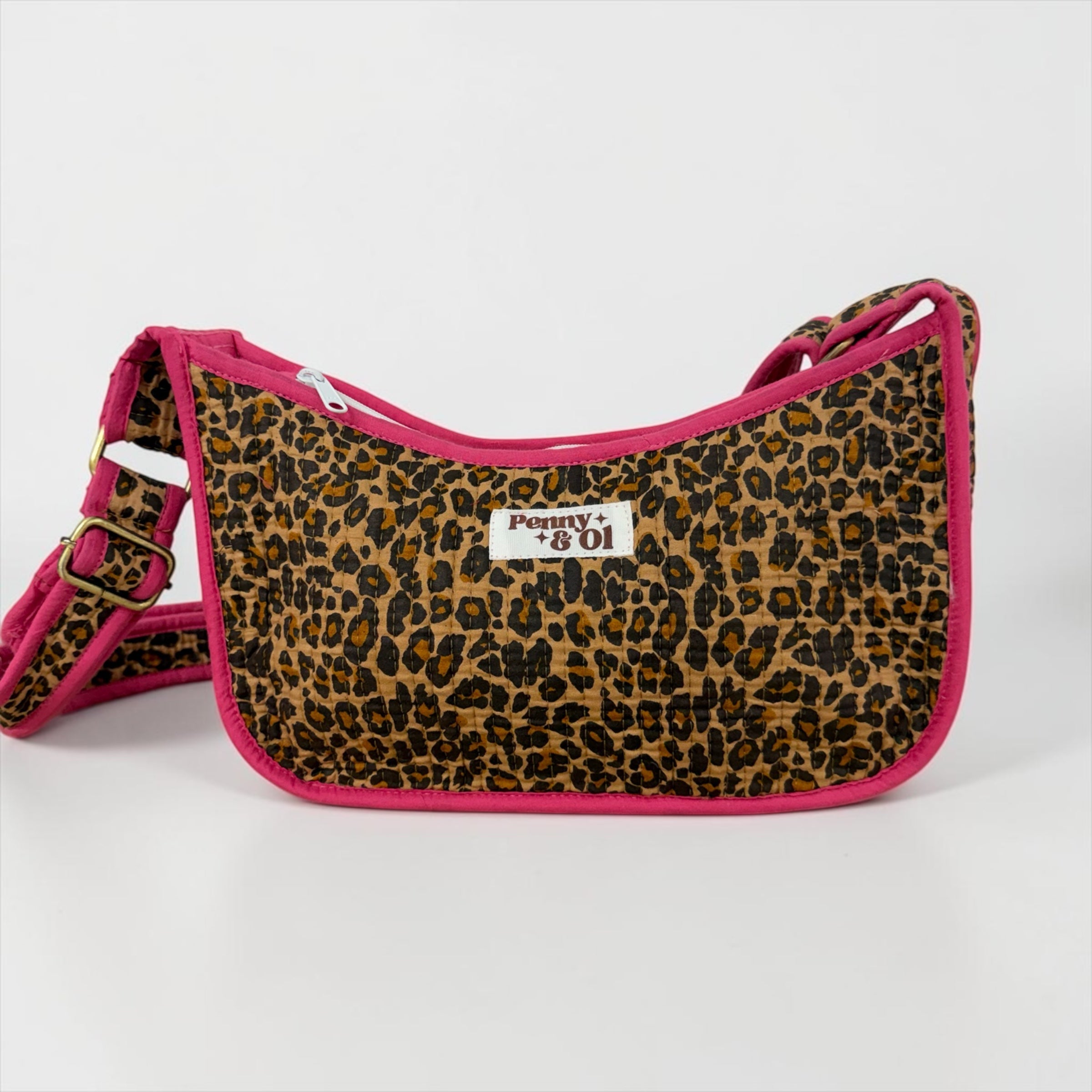 Pink Leopard Mini Shoulder Bag, Handmade Cotton Tote Bags