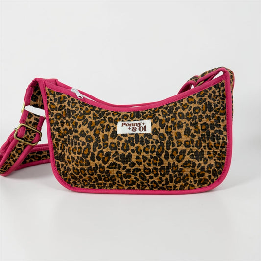 Pink Leopard Mini Shoulder Bag, Handmade Cotton Tote Bags