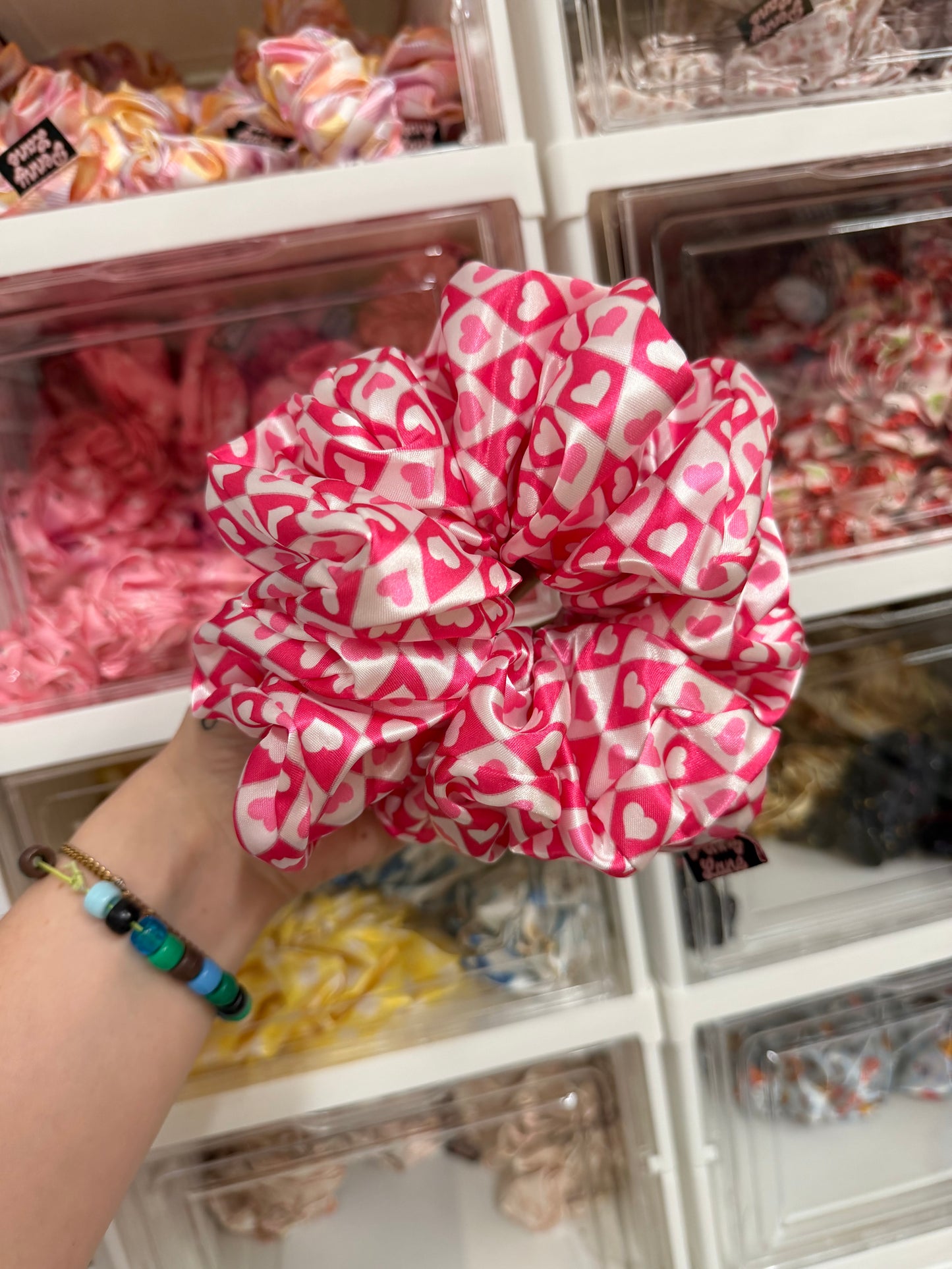 Pink heart diamonds XL Satin Hair Scrunchie