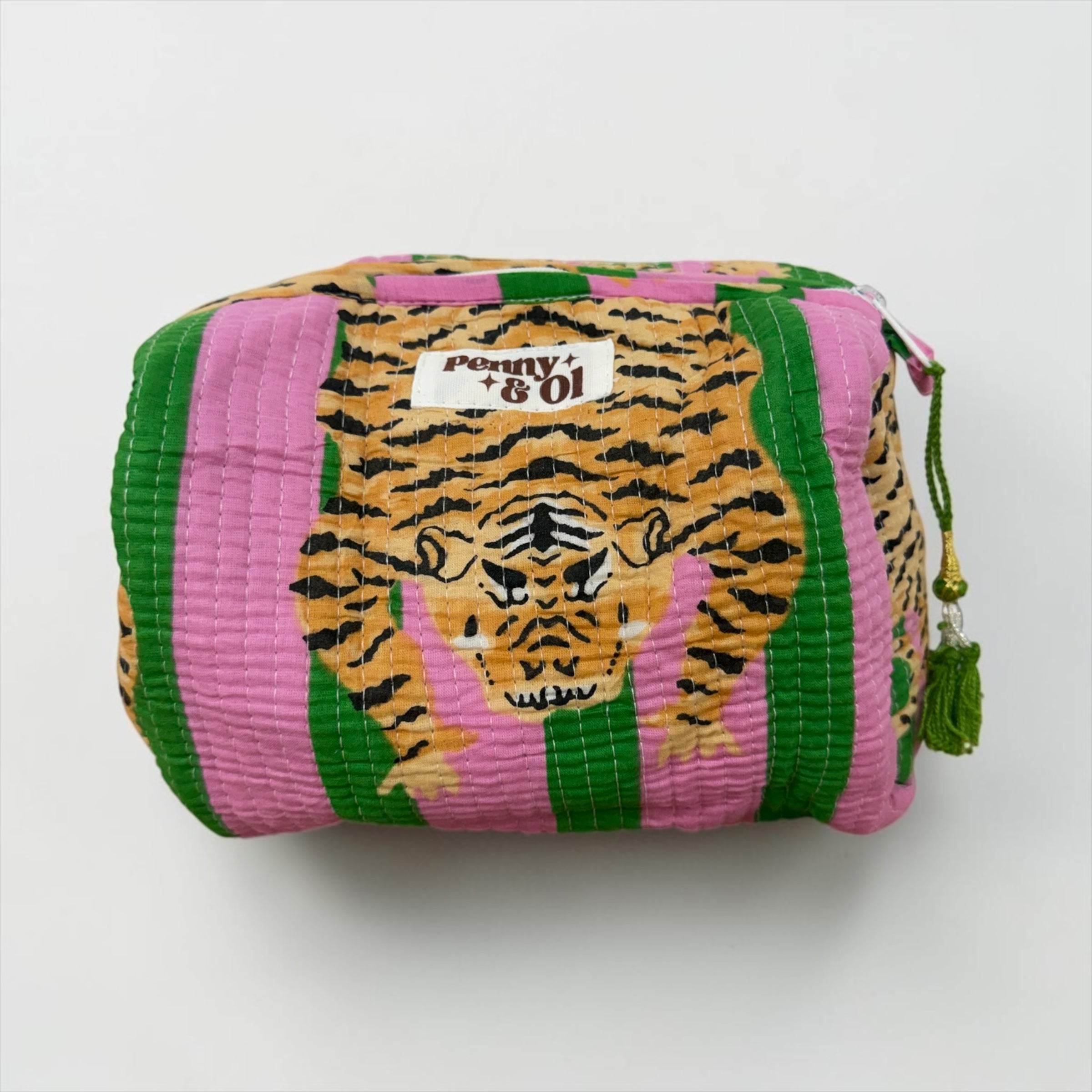 Pink & Green Stripe Tiger MEDIUM Waterproof Pouch, Zip Pouch