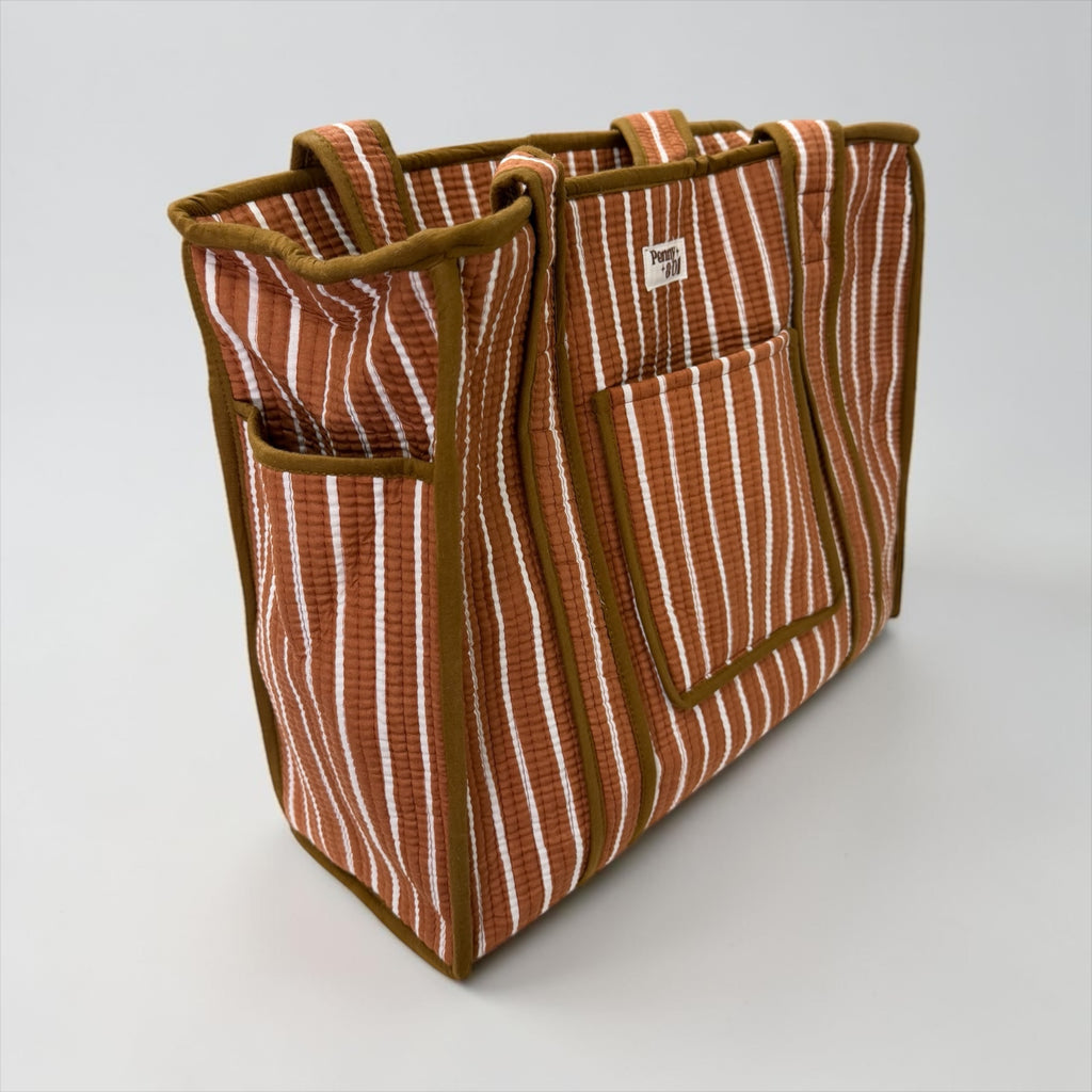Chocolate Stripes Travel Tote, Handmade Cotton Tote Bag