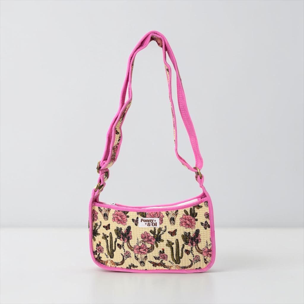 Pink Vintage Western Mini Shoulder Bag, Handmade Cotton Tote Bags