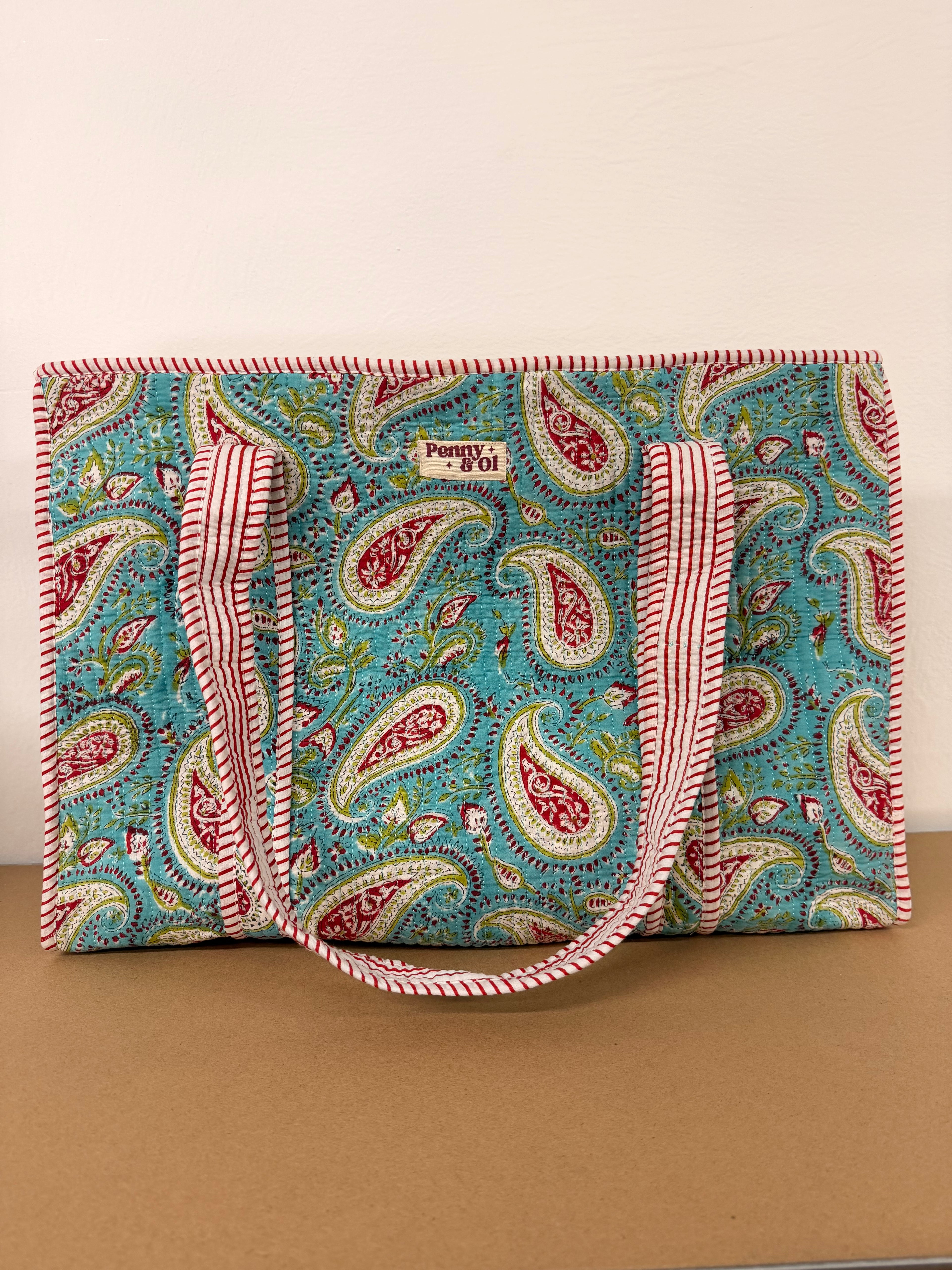Turquoise Paisley Large Cotton Tote Bag, handmade tote bags