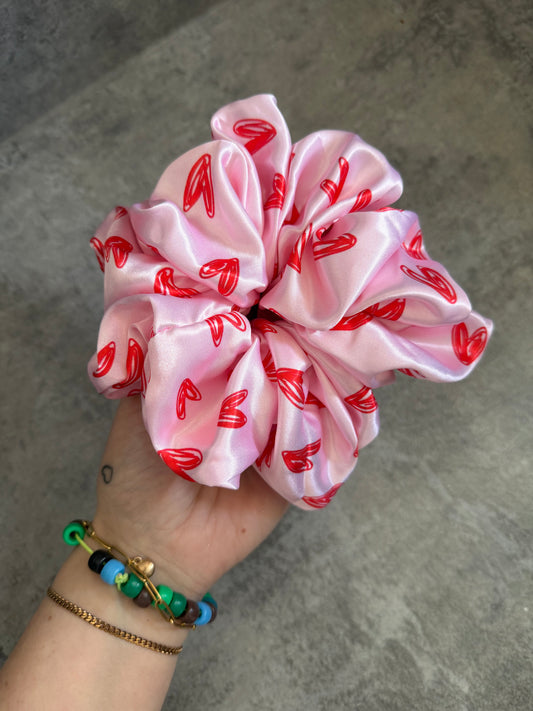 Pink and red hearts XL Satin Hair Scrunchie