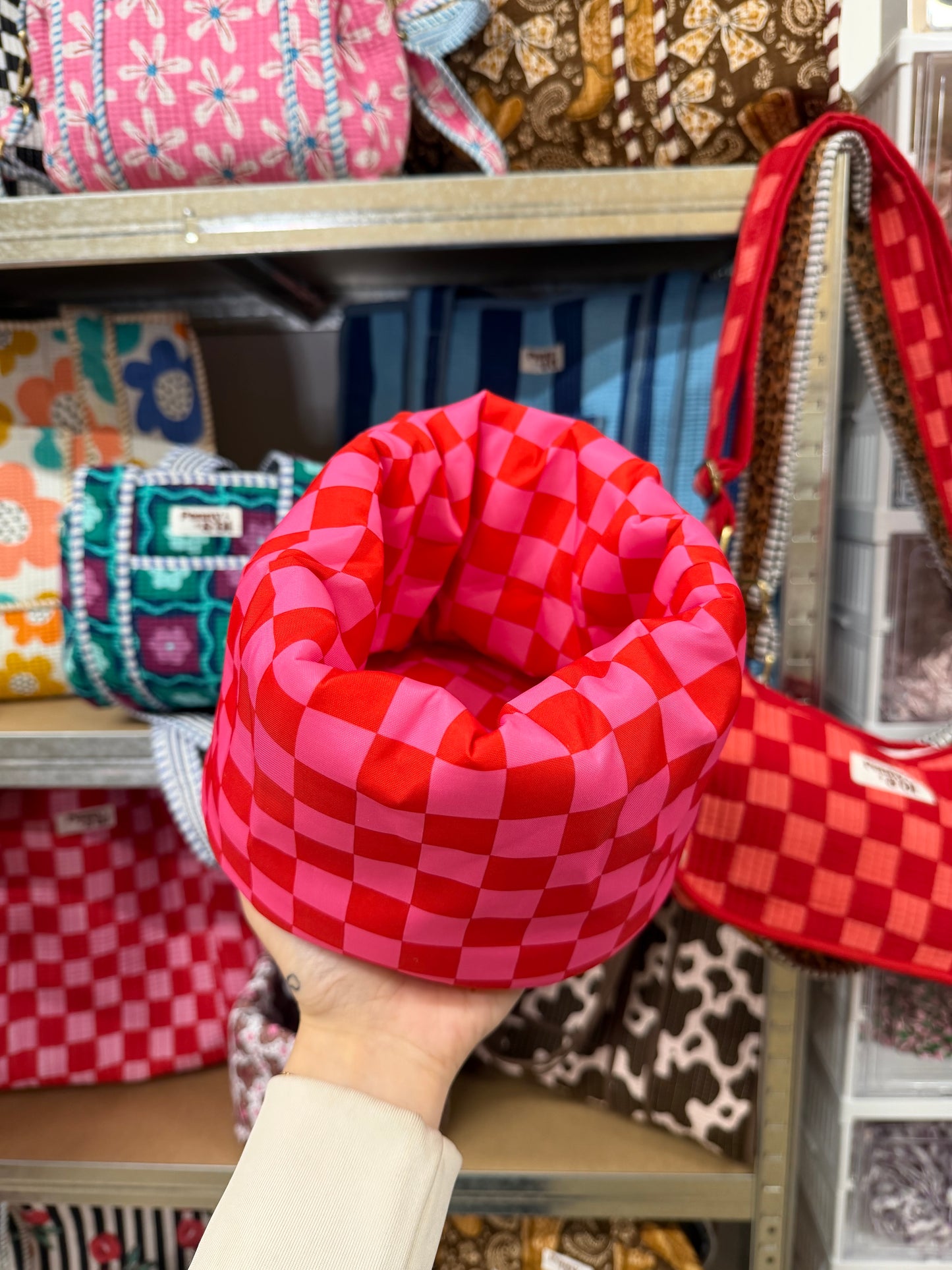 Pink & Red Checkerboard Padded Fabric Organisers, beauty basket.