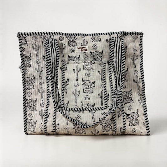 Highland Cow Travel Tote, Handmade Cotton Tote Bag