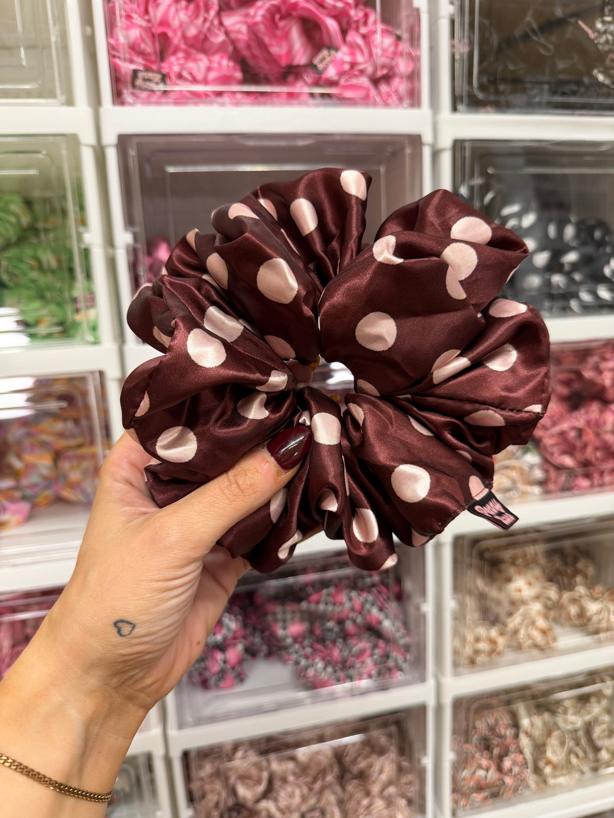 Burgundy and Pink Polkadot XL Satin Hair Scrunchie