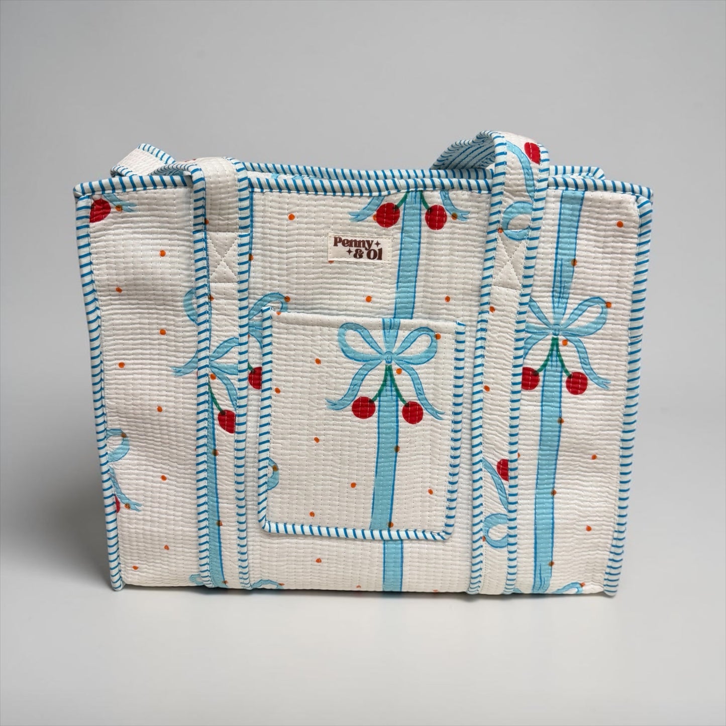 Blue Cherry Bows Travel Tote, Handmade Cotton Tote Bag
