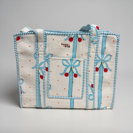 Blue Cherry Bows Travel Tote, Handmade Cotton Tote Bag