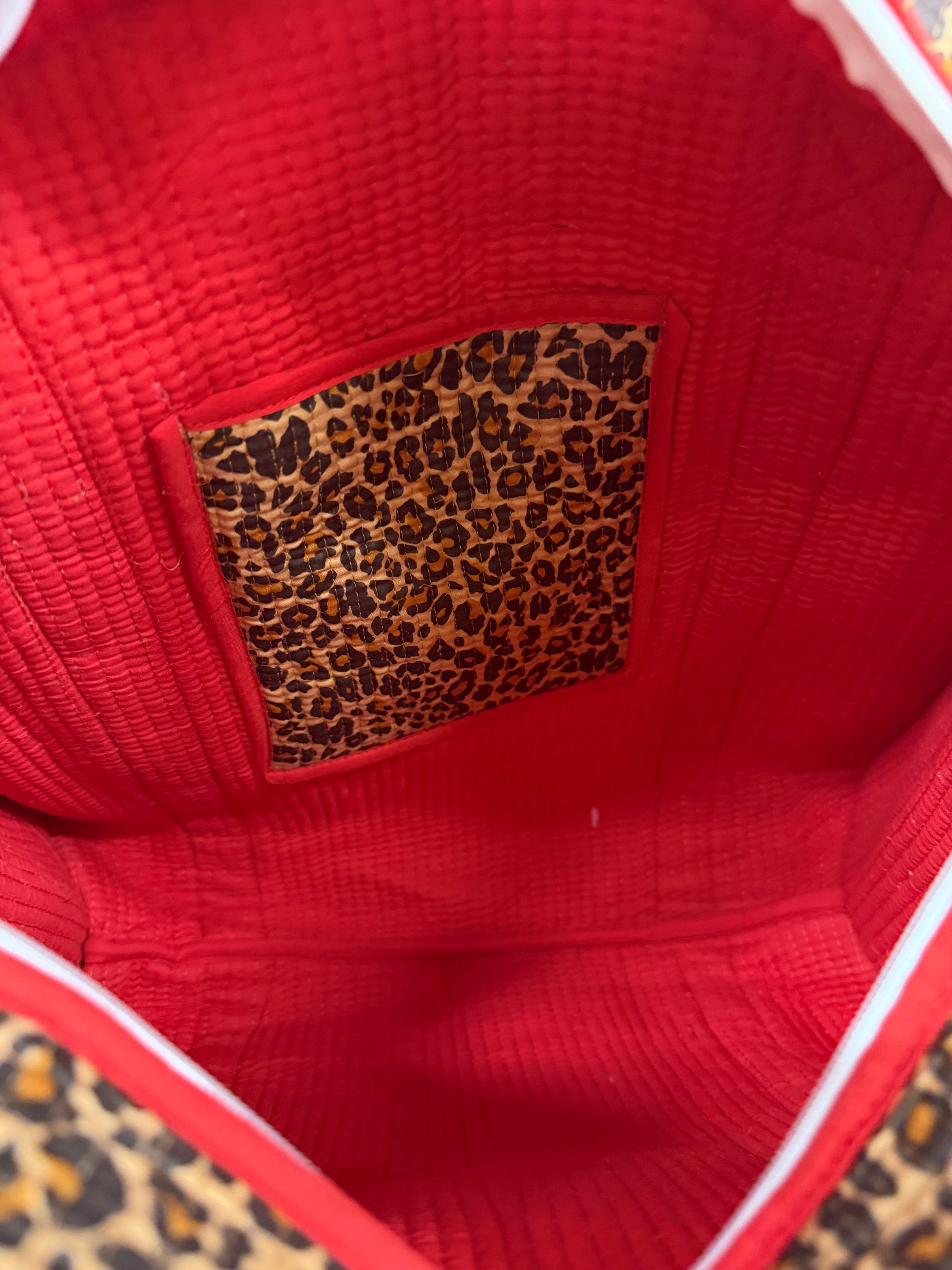 Red Leopard Print Travel Tote, Handmade Cotton Tote Bag