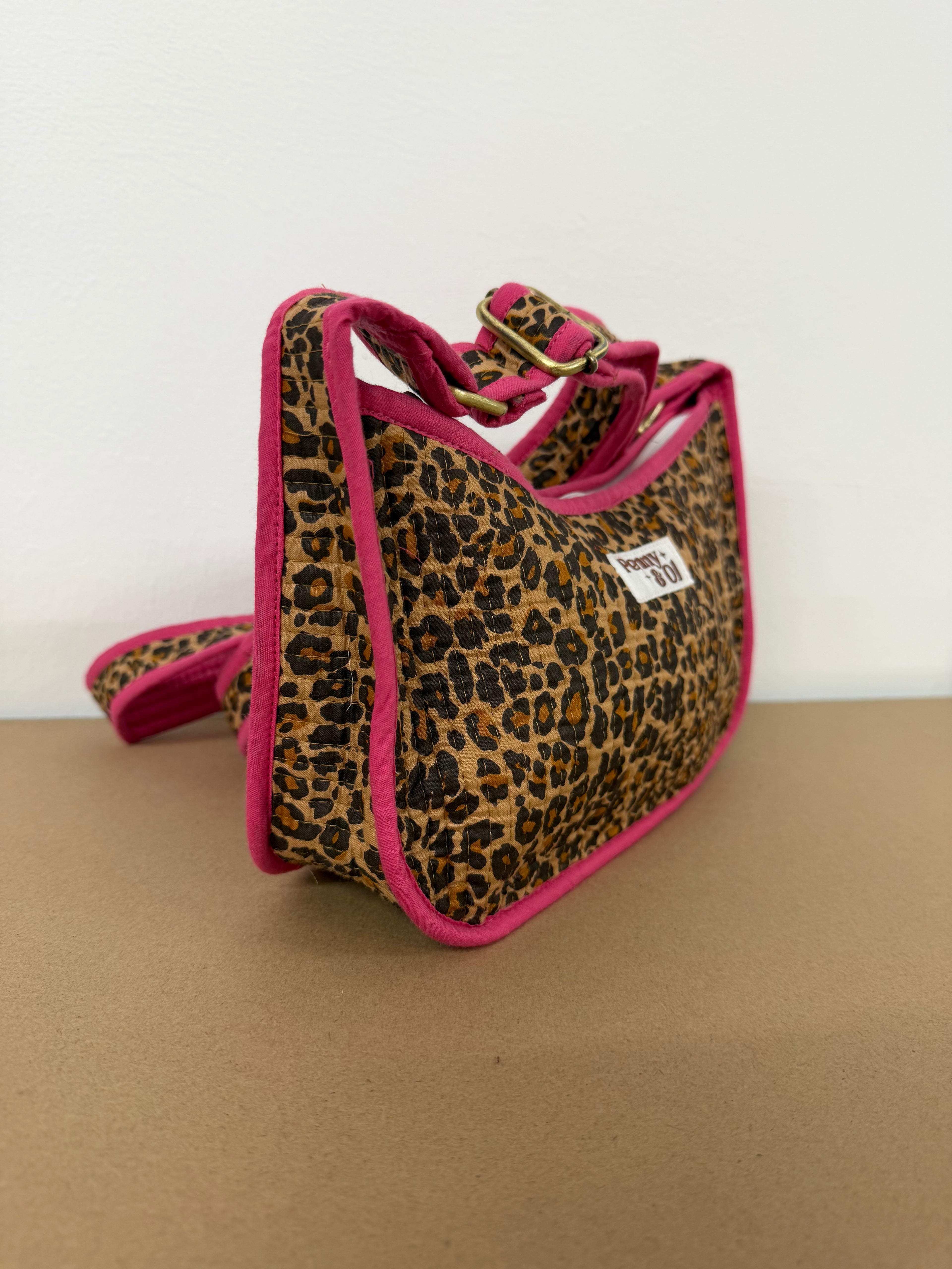 Pink Leopard Mini Shoulder Bag, Handmade Cotton Tote Bags