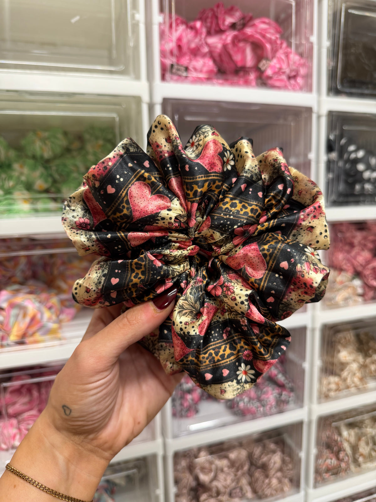 Leopard Striped Hearts XL Satin Hair Scrunchie