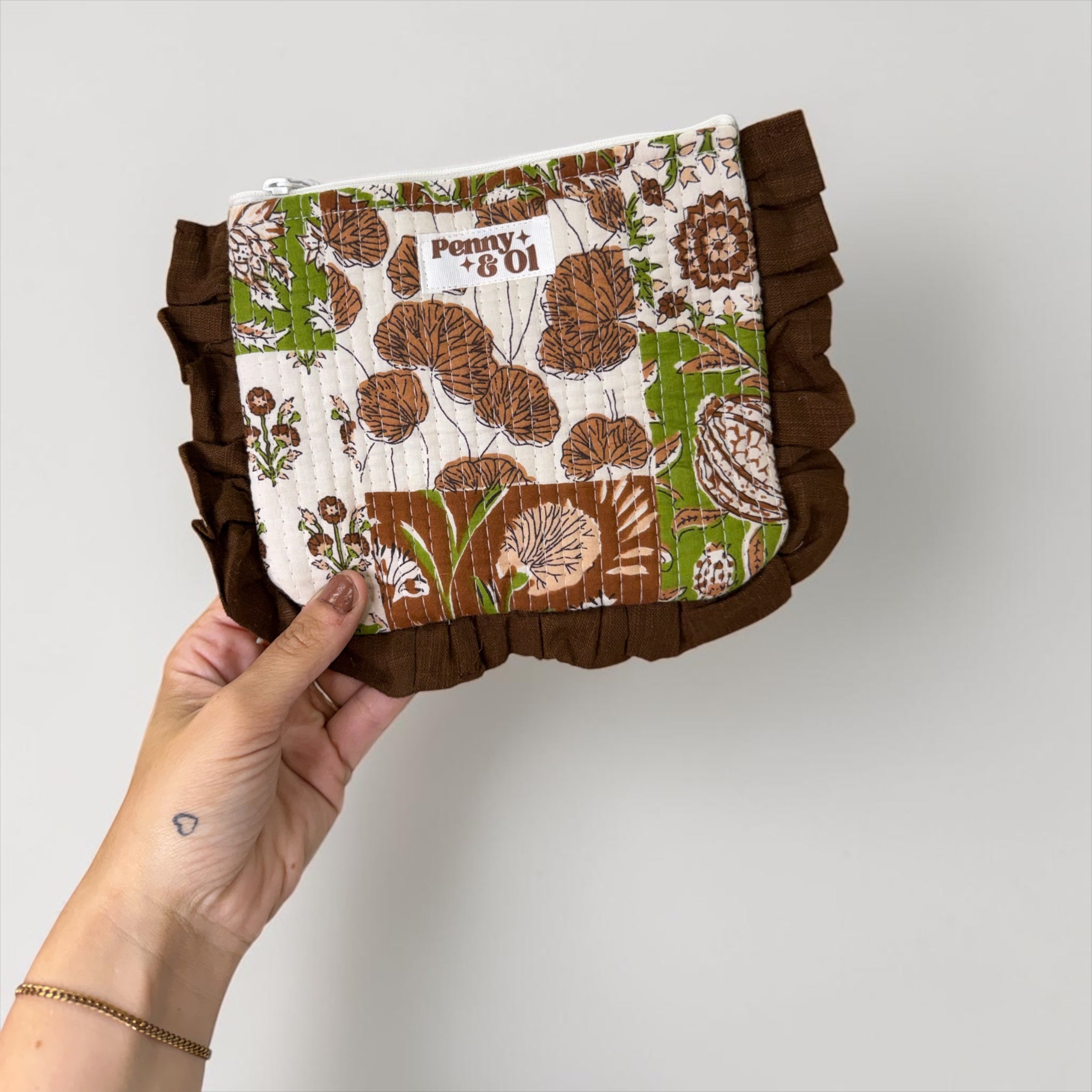 Brown Patchwork Ruffle Pouch