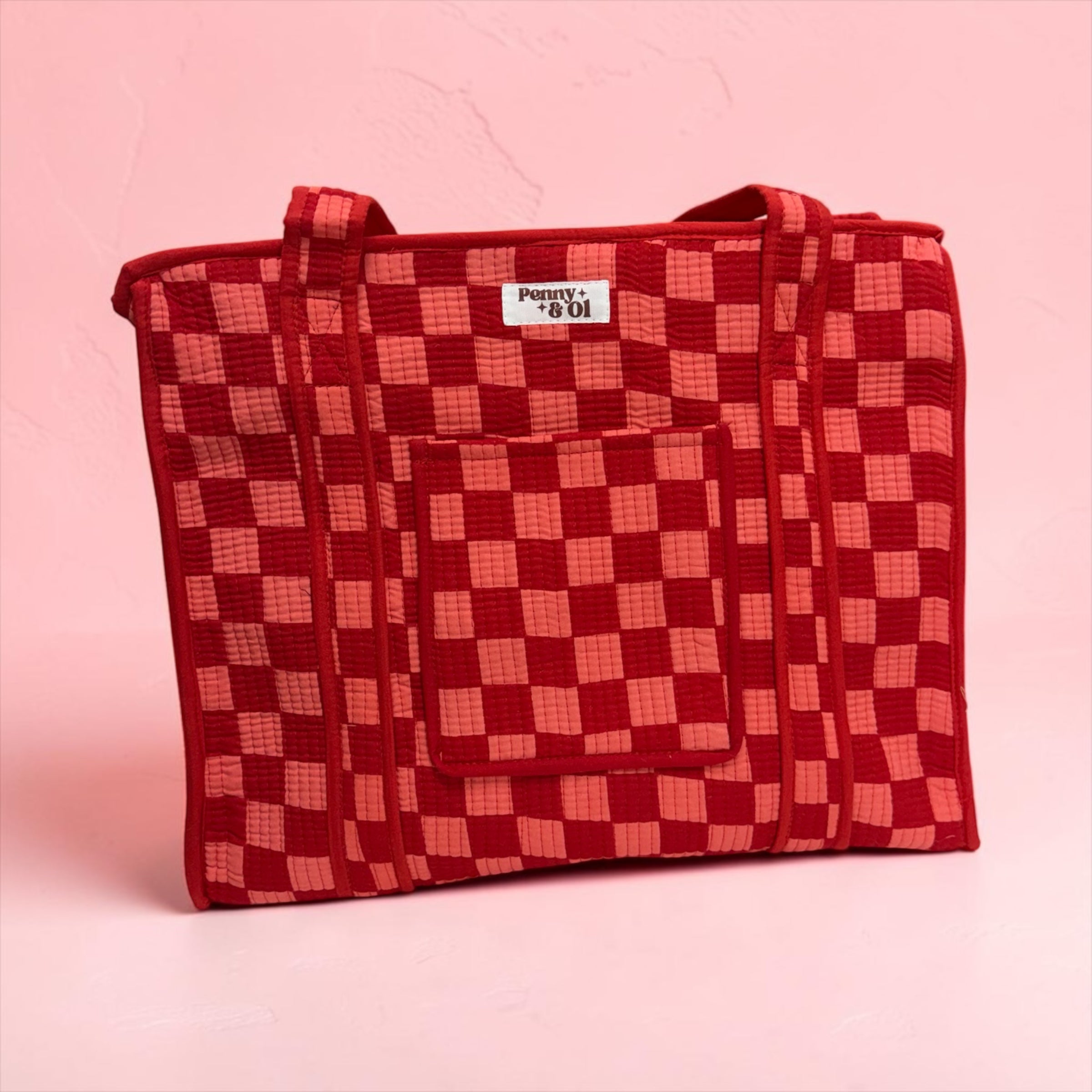 Red & Pink Checkerboard Travel Tote, Handmade Cotton Tote Bag