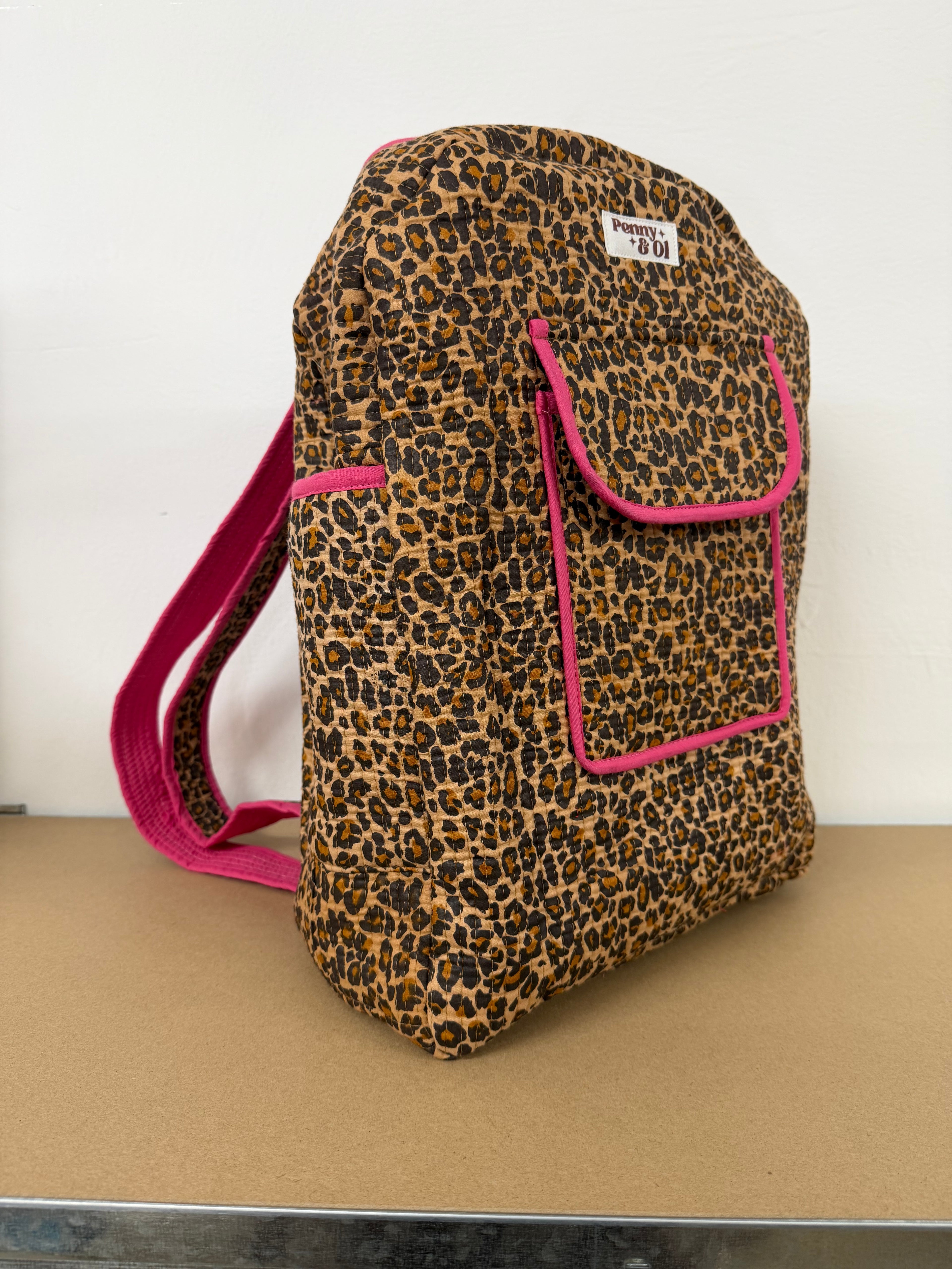 Pink Leopard Backpack, handmade cotton tote bags.