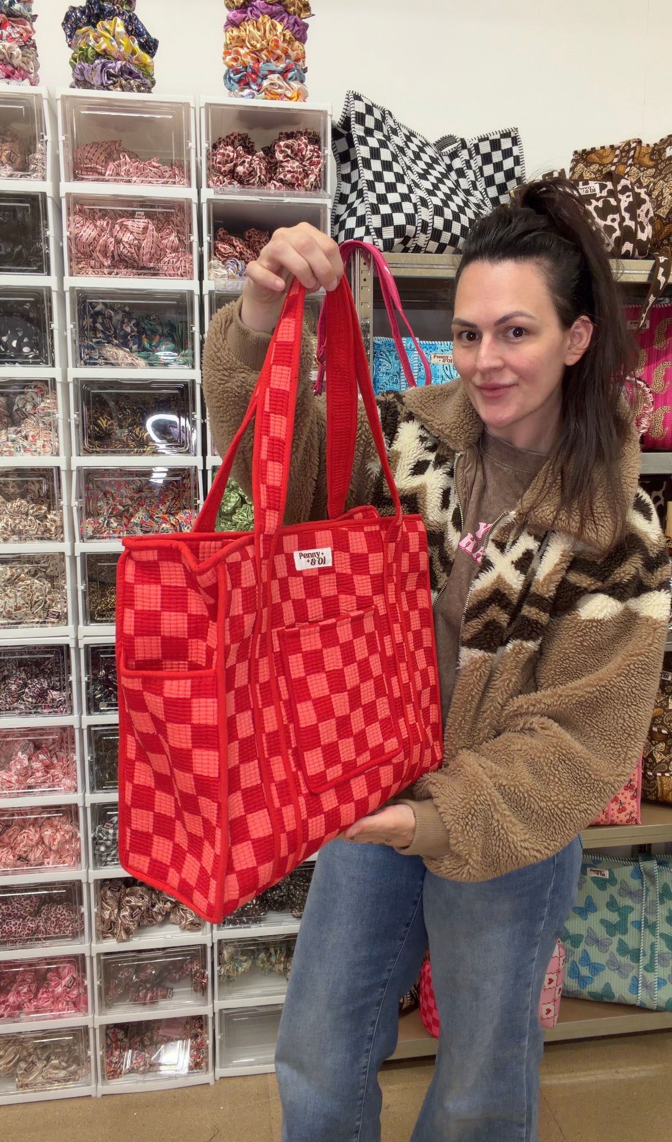 Red & Pink Checkerboard Travel Tote, Handmade Cotton Tote Bag