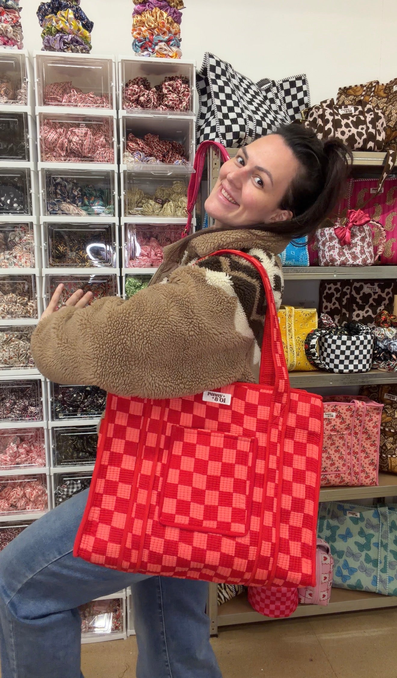 Red & Pink Checkerboard Travel Tote, Handmade Cotton Tote Bag