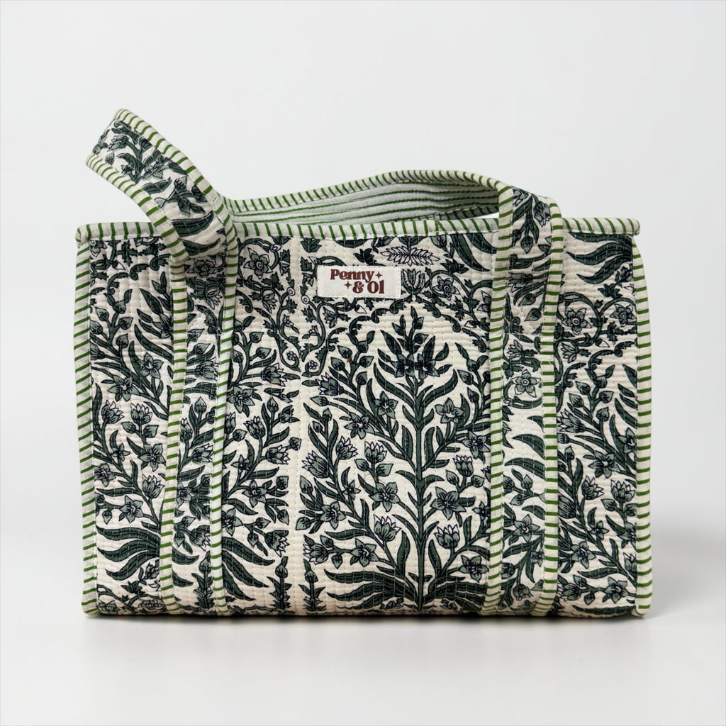 Olive Bloom Medium Cotton, handmade tote bag