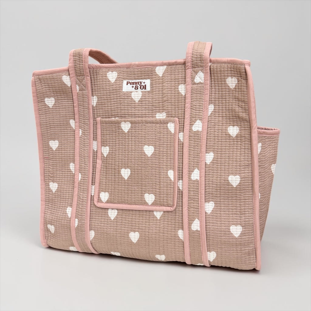 Beigey Pink Hearts Travel Tote, Handmade Cotton Tote Bag