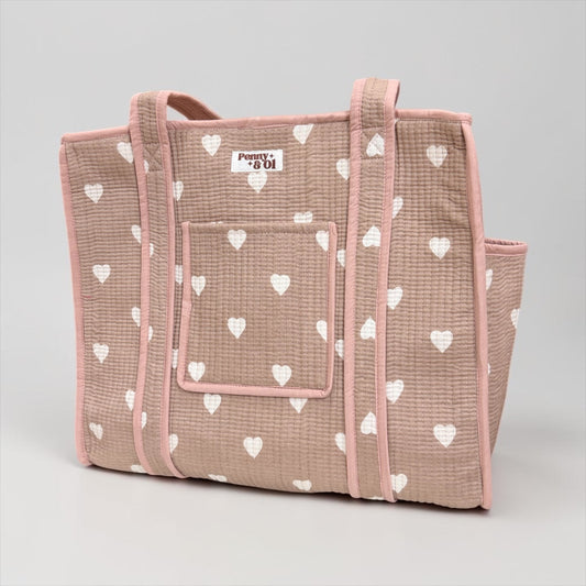 Beigey Pink Hearts Travel Tote, Handmade Cotton Tote Bag