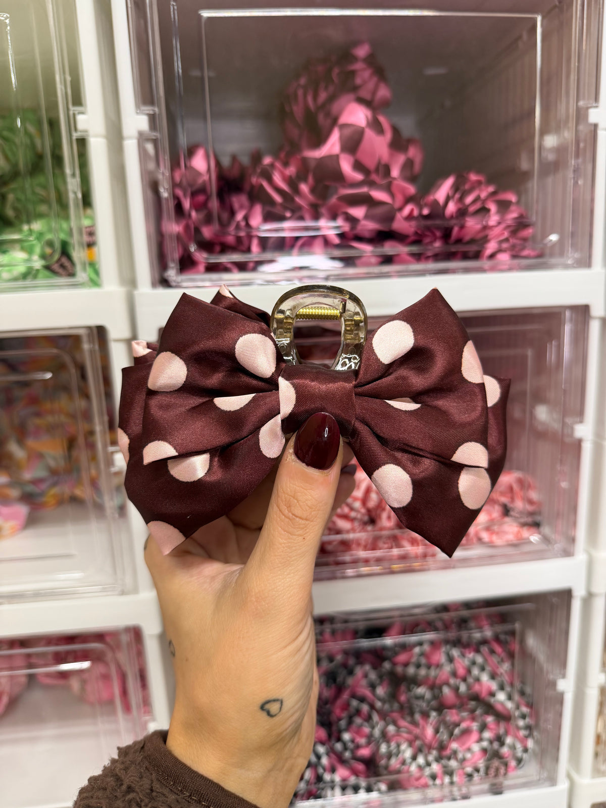 Burgundy & Pink Polka Dot Fabric Claw Clip, Custom Made PLS Fabrics