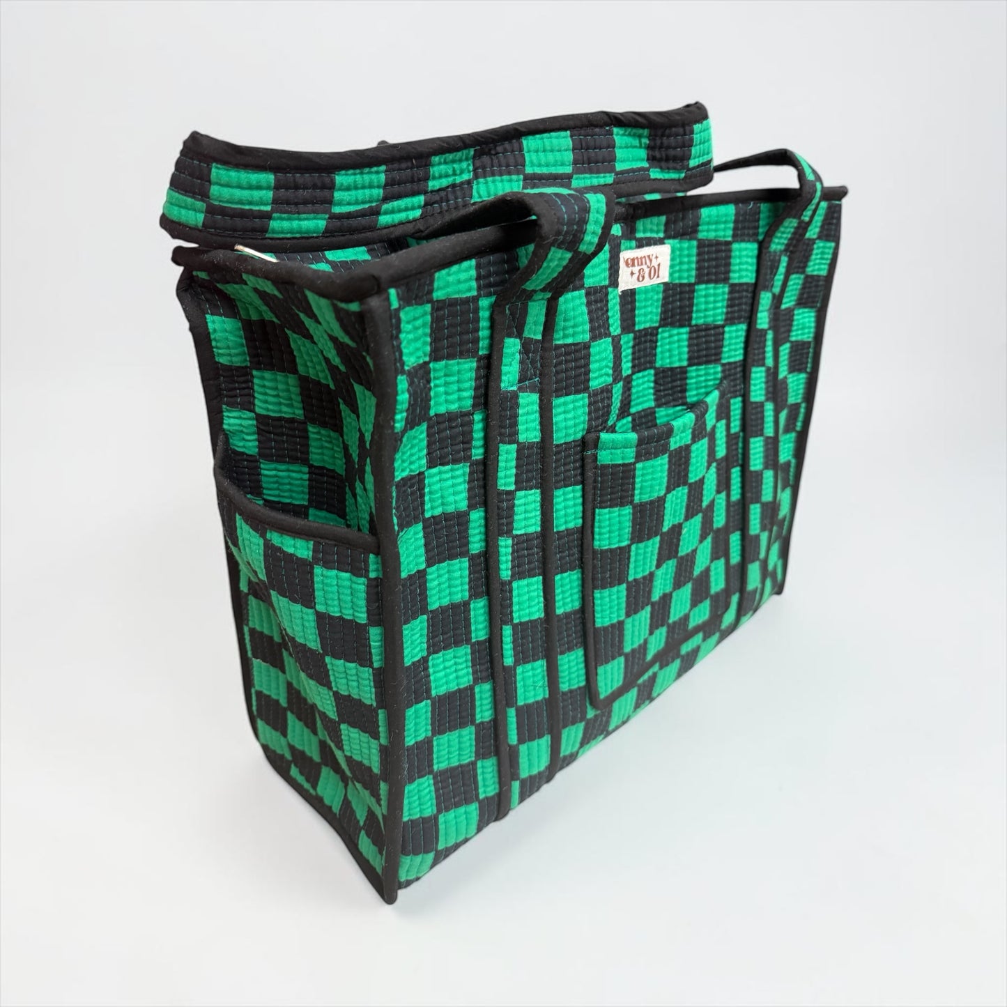 Green & Black Checkerboard Travel Tote, Handmade Cotton Tote Bag