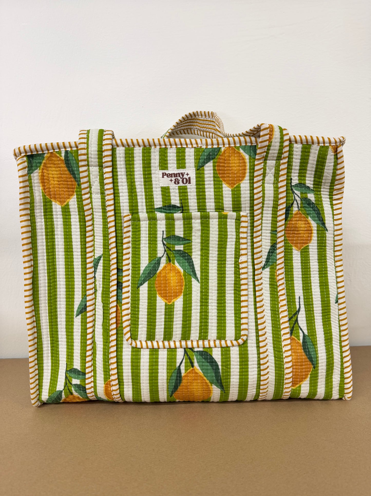 Green Stripe Lemons collection, tote bags. Cotton tote bags all sizes