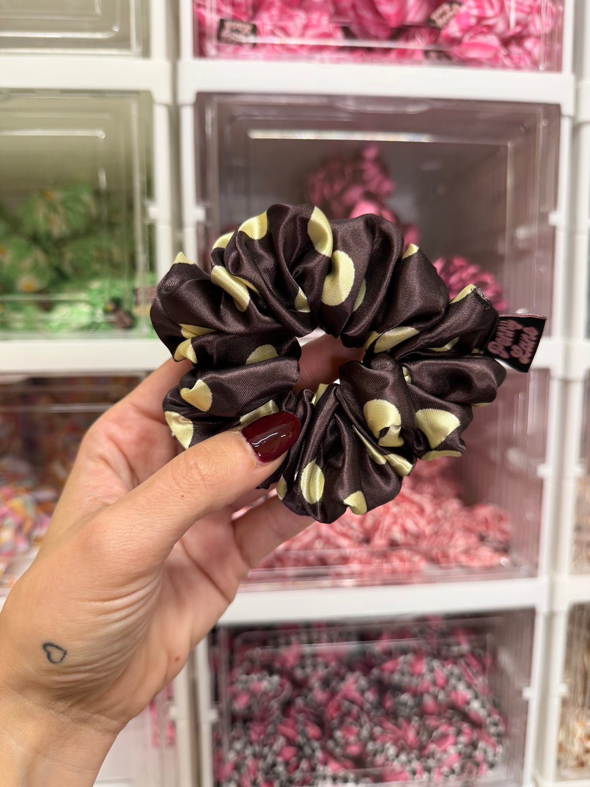 Brown & Yellow Polka Dot MIDI Satin Hair Scrunchie
