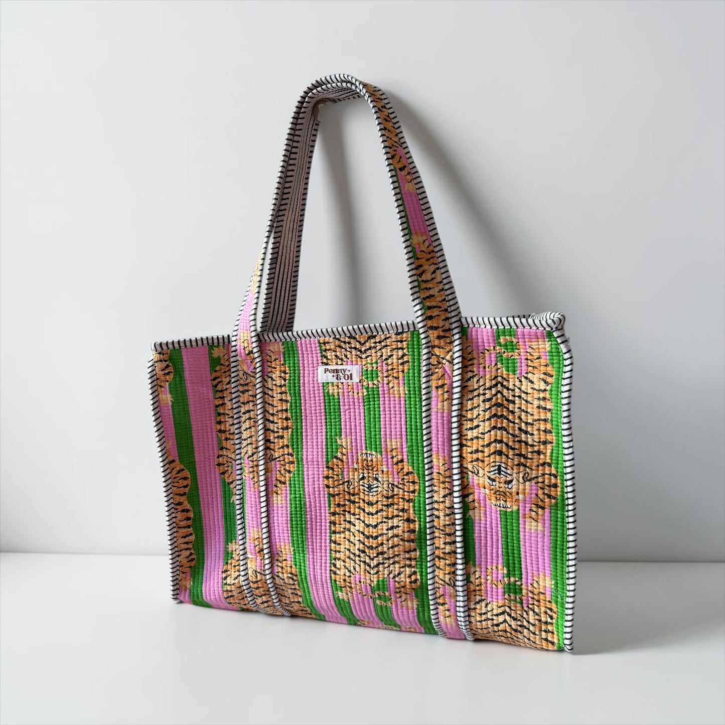 Pink and green striped tiger Large Cotton Tote Bag, handmade tote bags