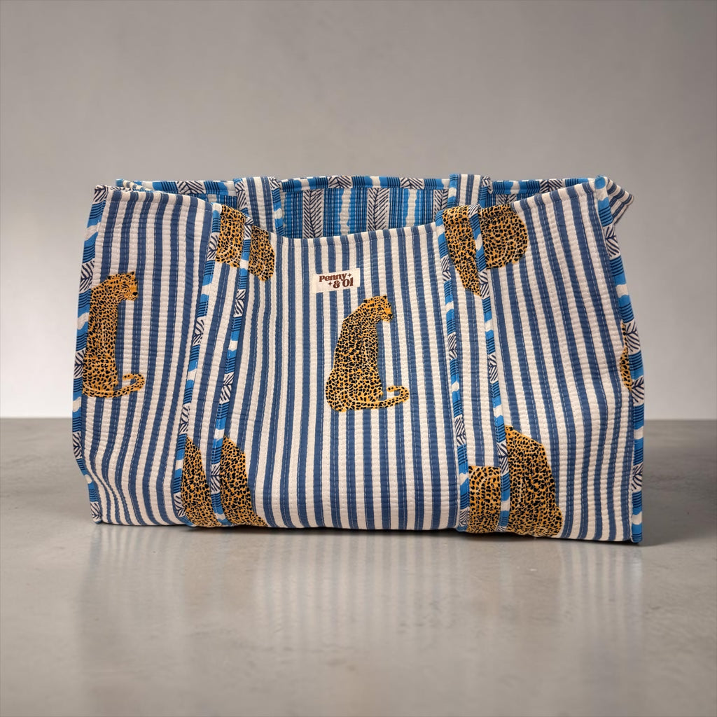Blue Stripe Leopard REVERSIBLE Large Cotton Tote Bag, handmade tote bags
