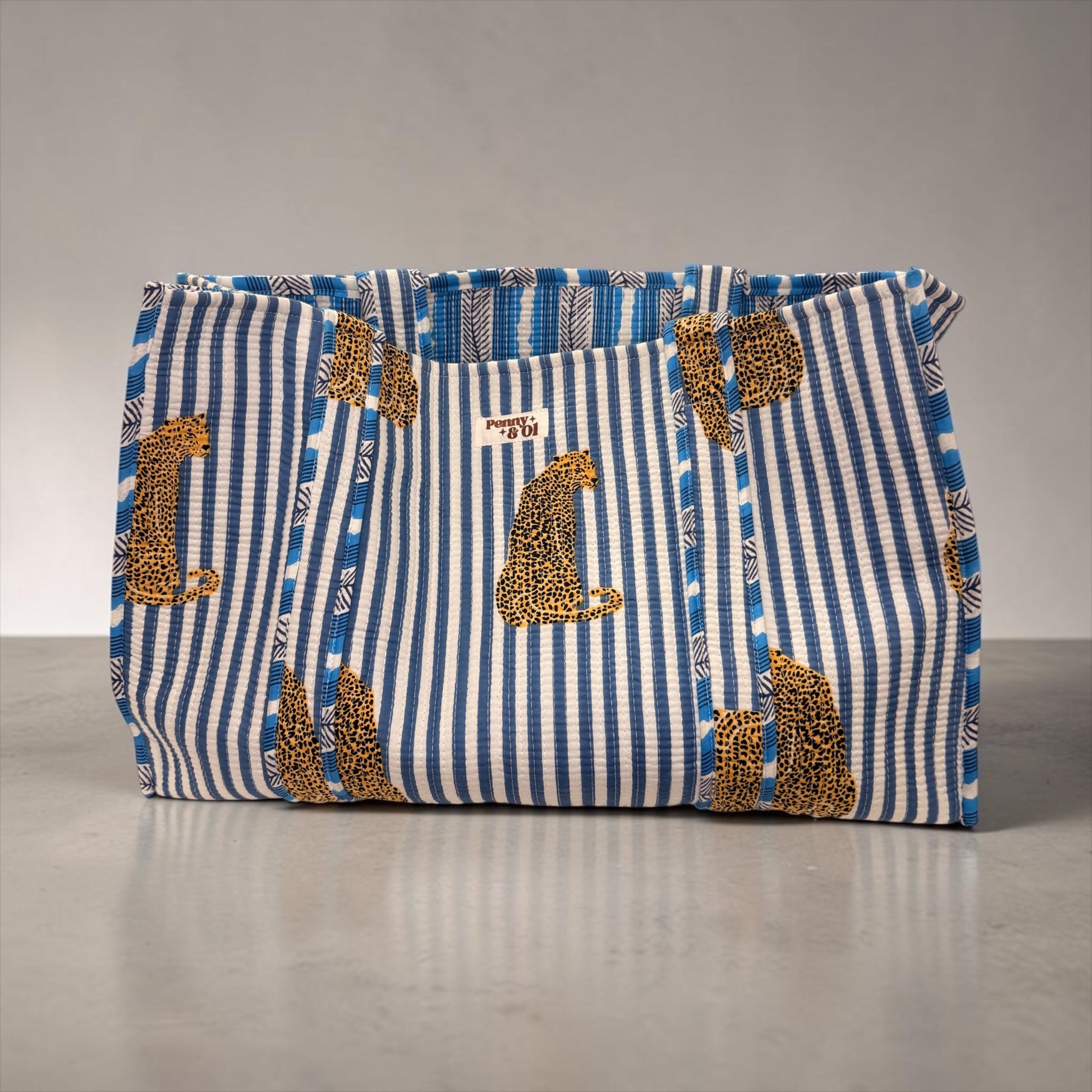 Blue Stripe Leopard REVERSIBLE Large Cotton Tote Bag, handmade tote bags