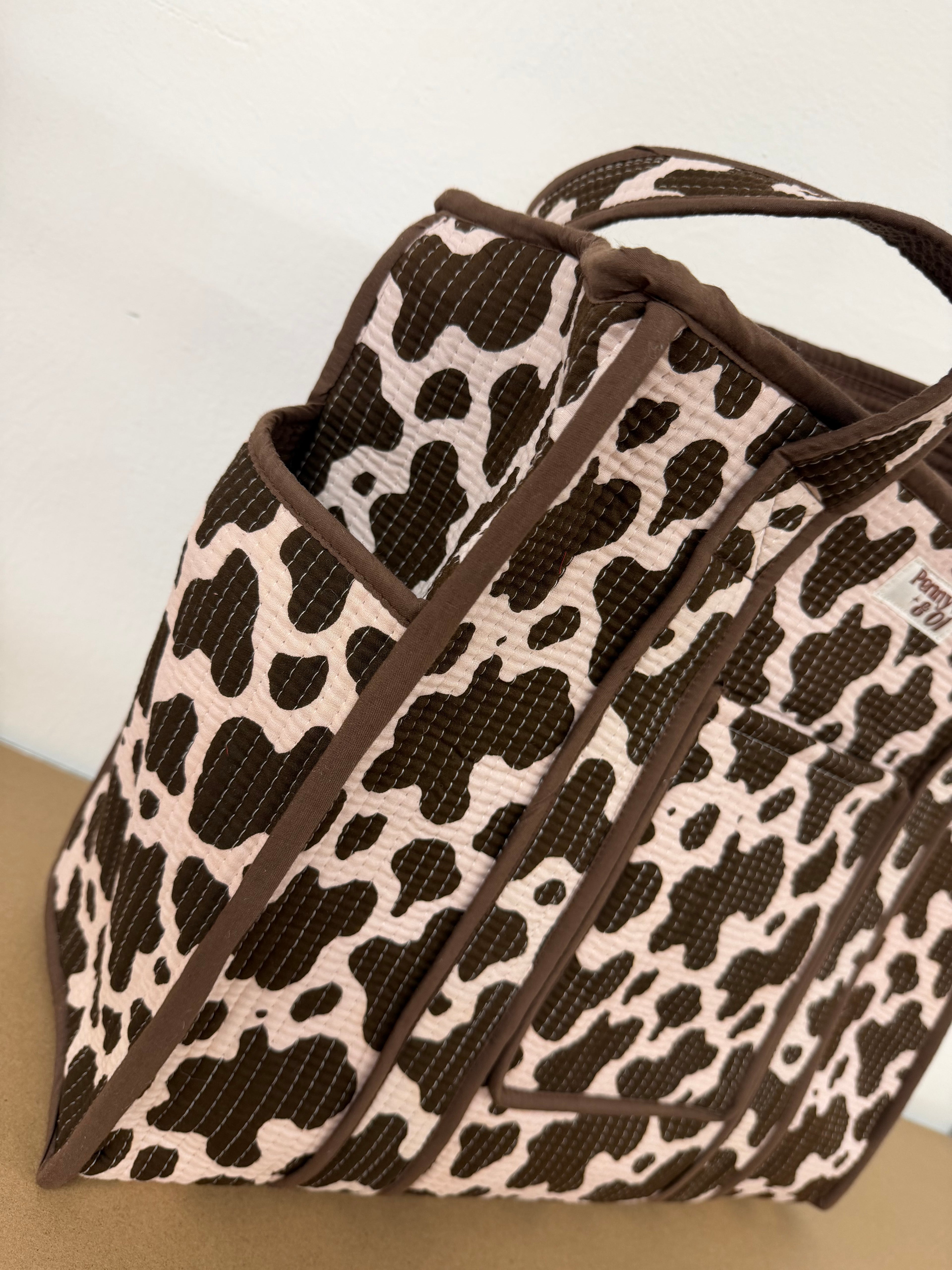Cow Print Travel Tote, Handmade Cotton Tote Bag