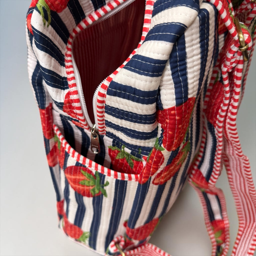 Navy Stripe Strawberry Backpack, handmade cotton tote bags.