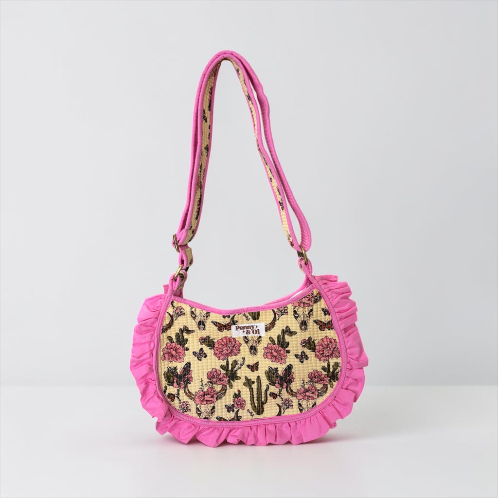 Pink Vintage Western Ruffle Shoulder Bag, Handmade Cotton Tote Bags