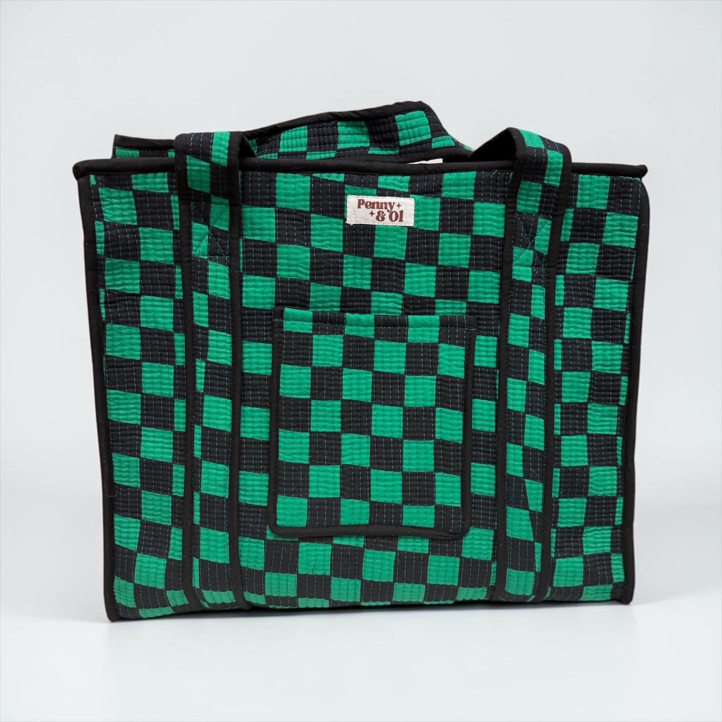 Green & Black Checkerboard Travel Tote, Handmade Cotton Tote Bag