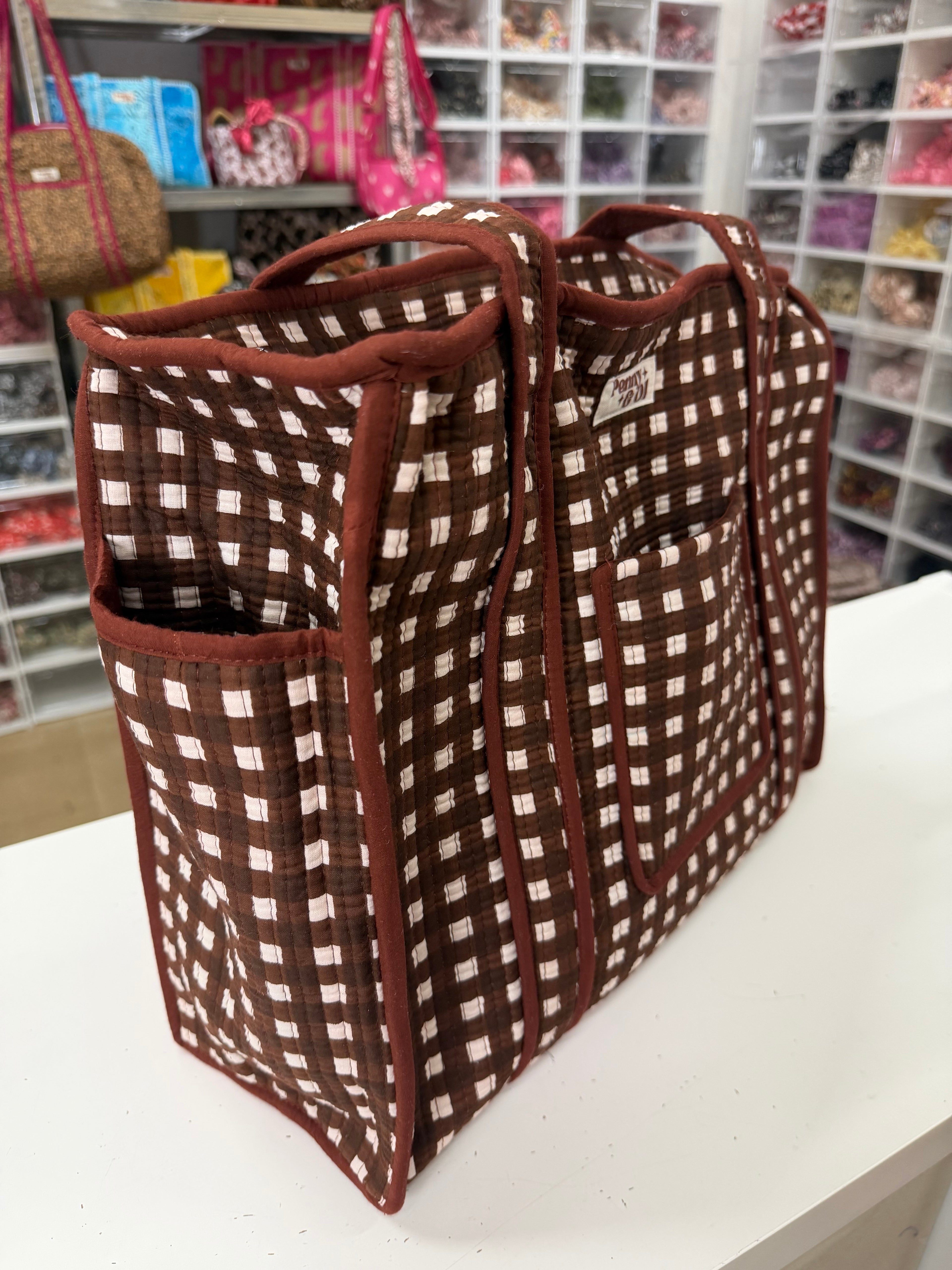 Chocolate Gingham Travel Tote, Handmade Cotton Tote Bag