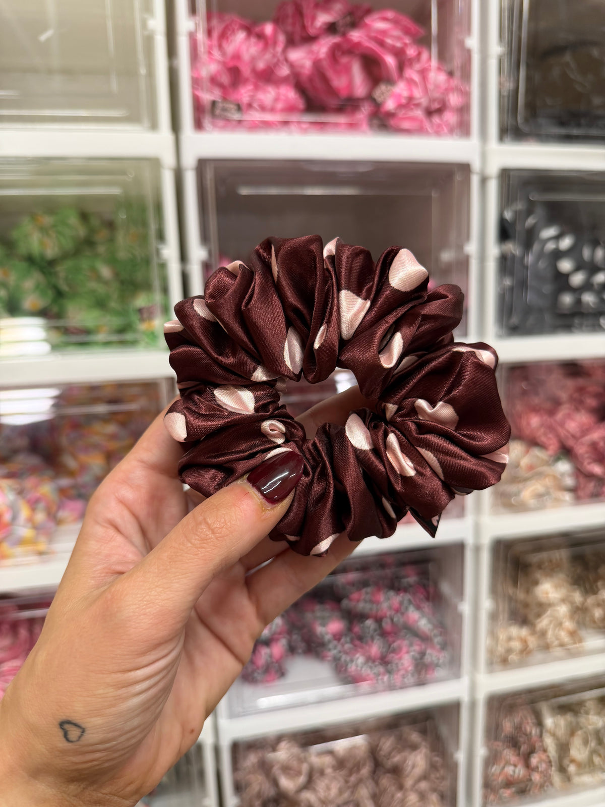 Burgundy and Pink Polkadot MIDI Satin Hair Scrunchie