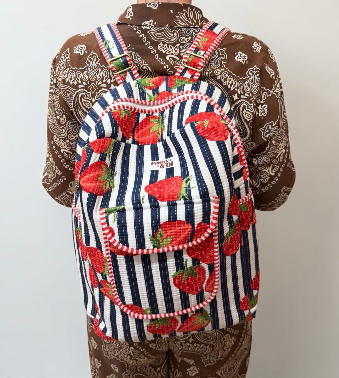 Navy Stripe Strawberry Backpack, handmade cotton tote bags.