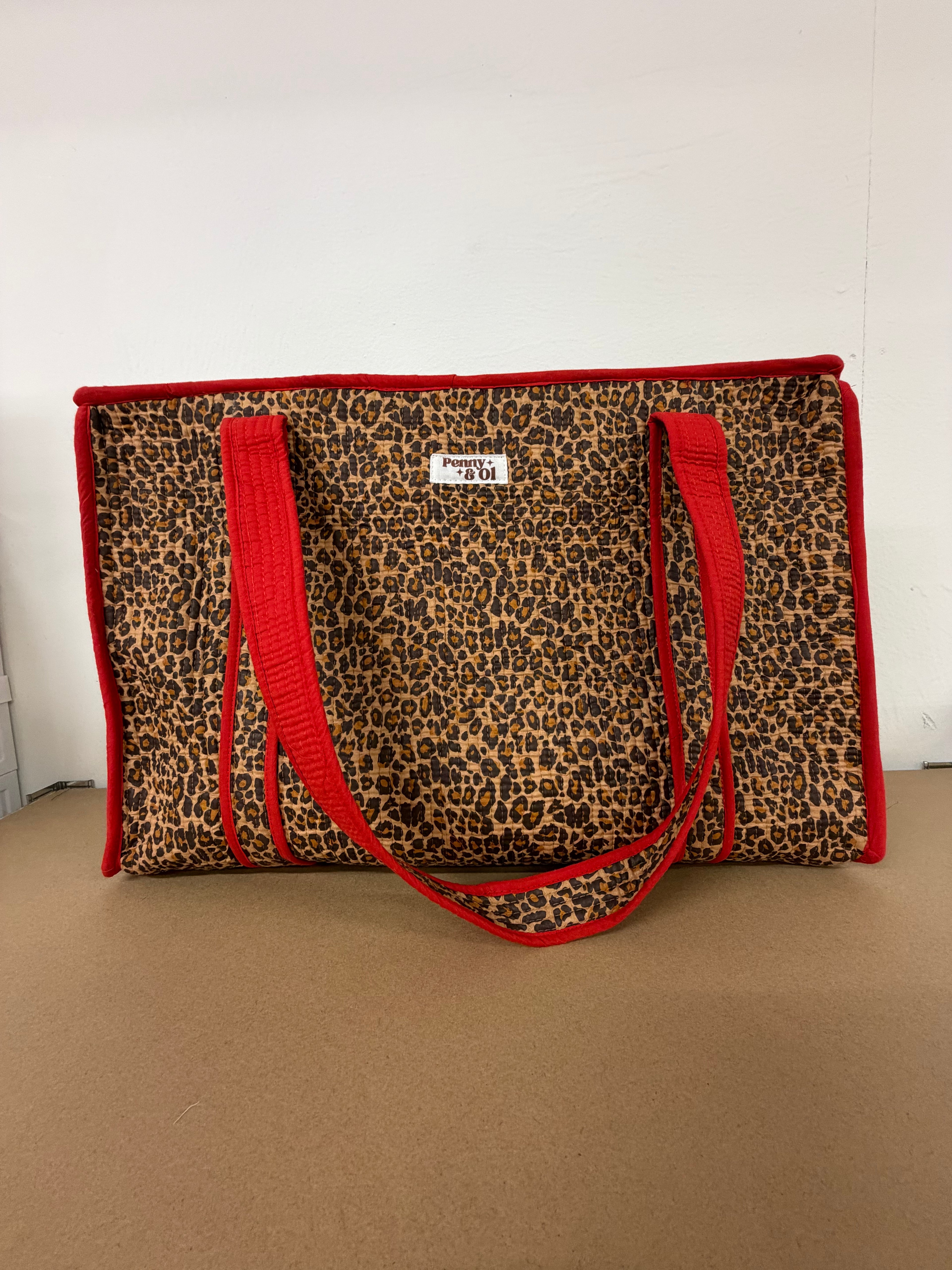 Red Leopard Print Large Cotton Tote Bag, handmade tote bags