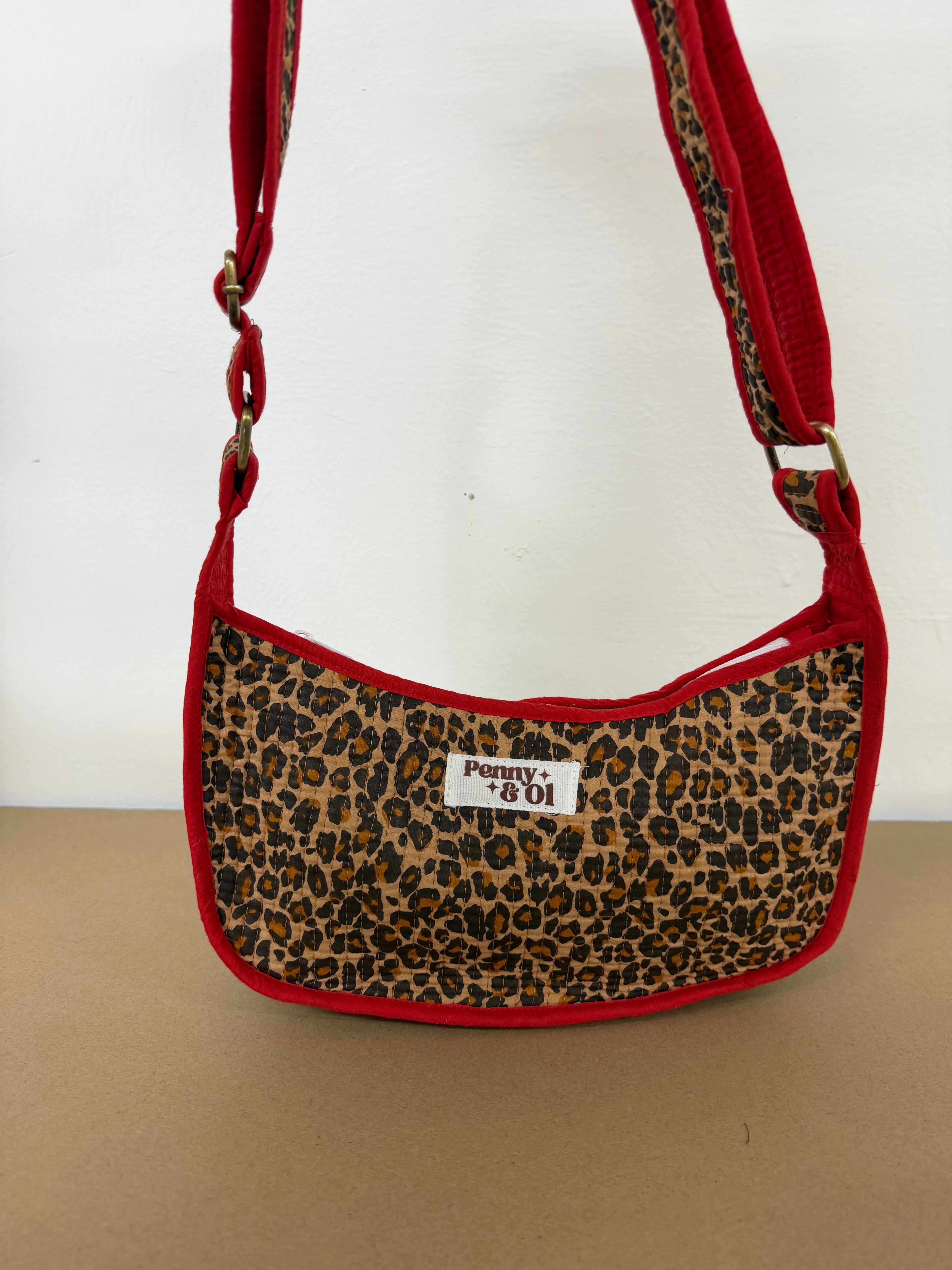 Red Leopard Mini Shoulder Bag, Handmade Cotton Tote Bags