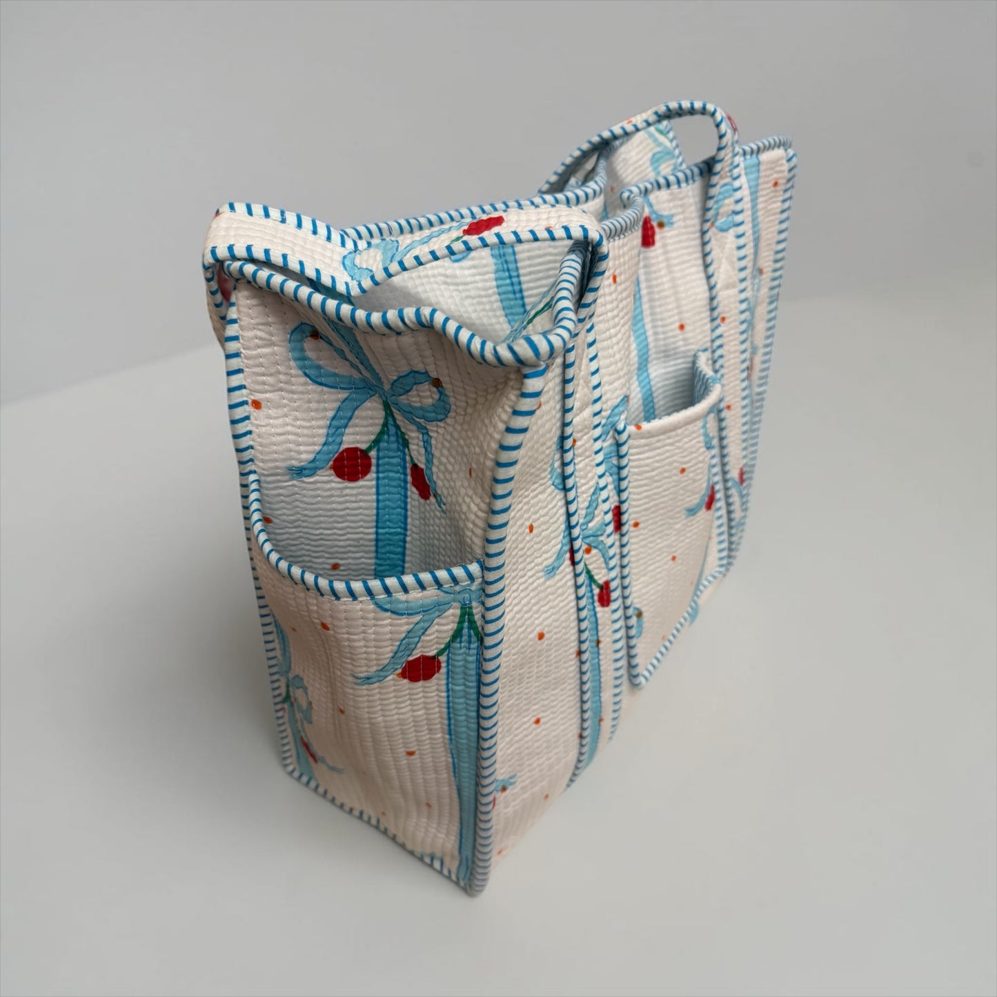 Blue Cherry Bows Travel Tote, Handmade Cotton Tote Bag