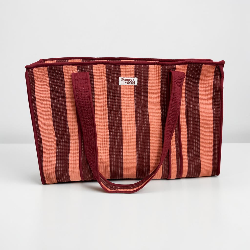 Burgundy and peachy pink stripe LARGE Cotton Tote Bag