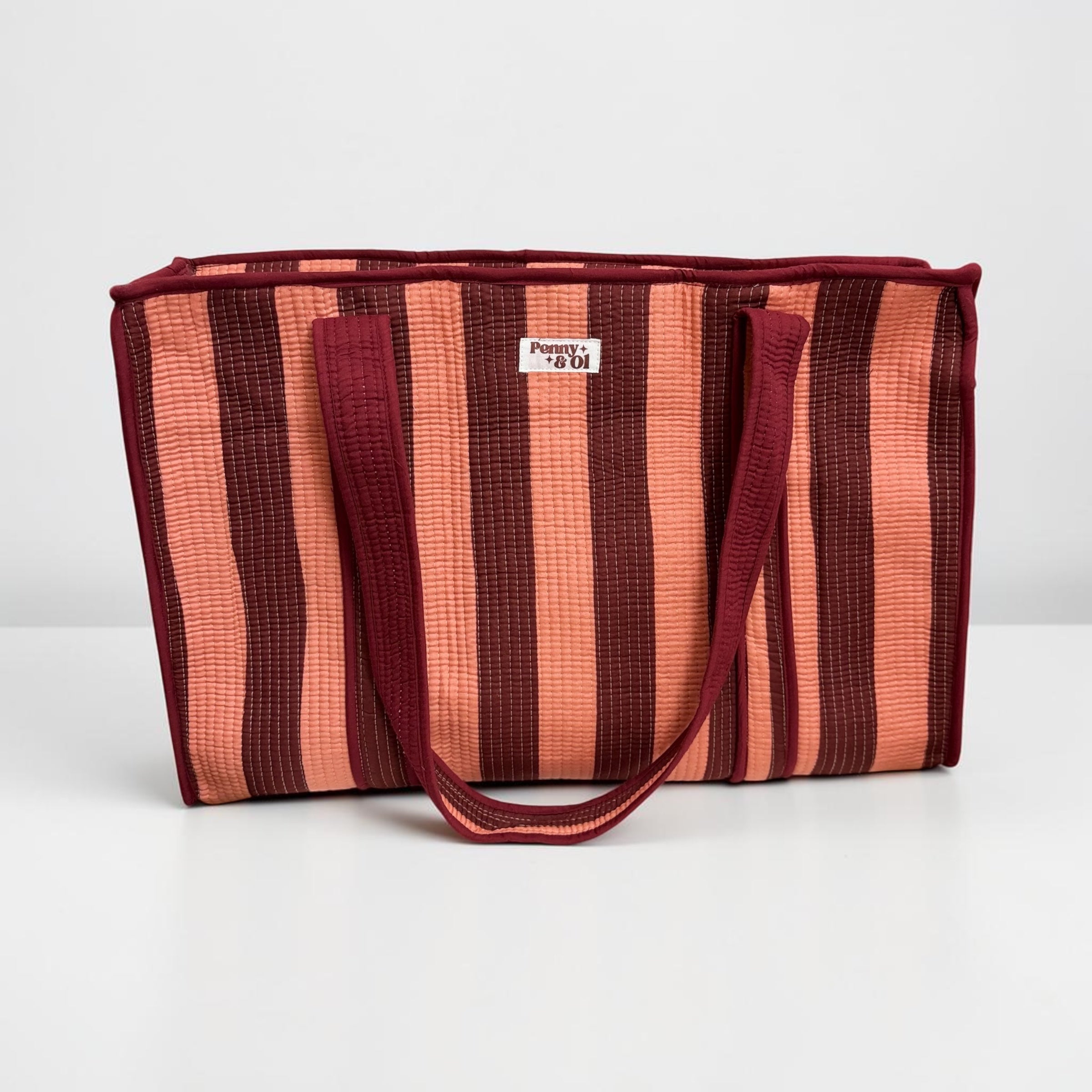 Burgundy and peachy pink stripe LARGE Cotton Tote Bag